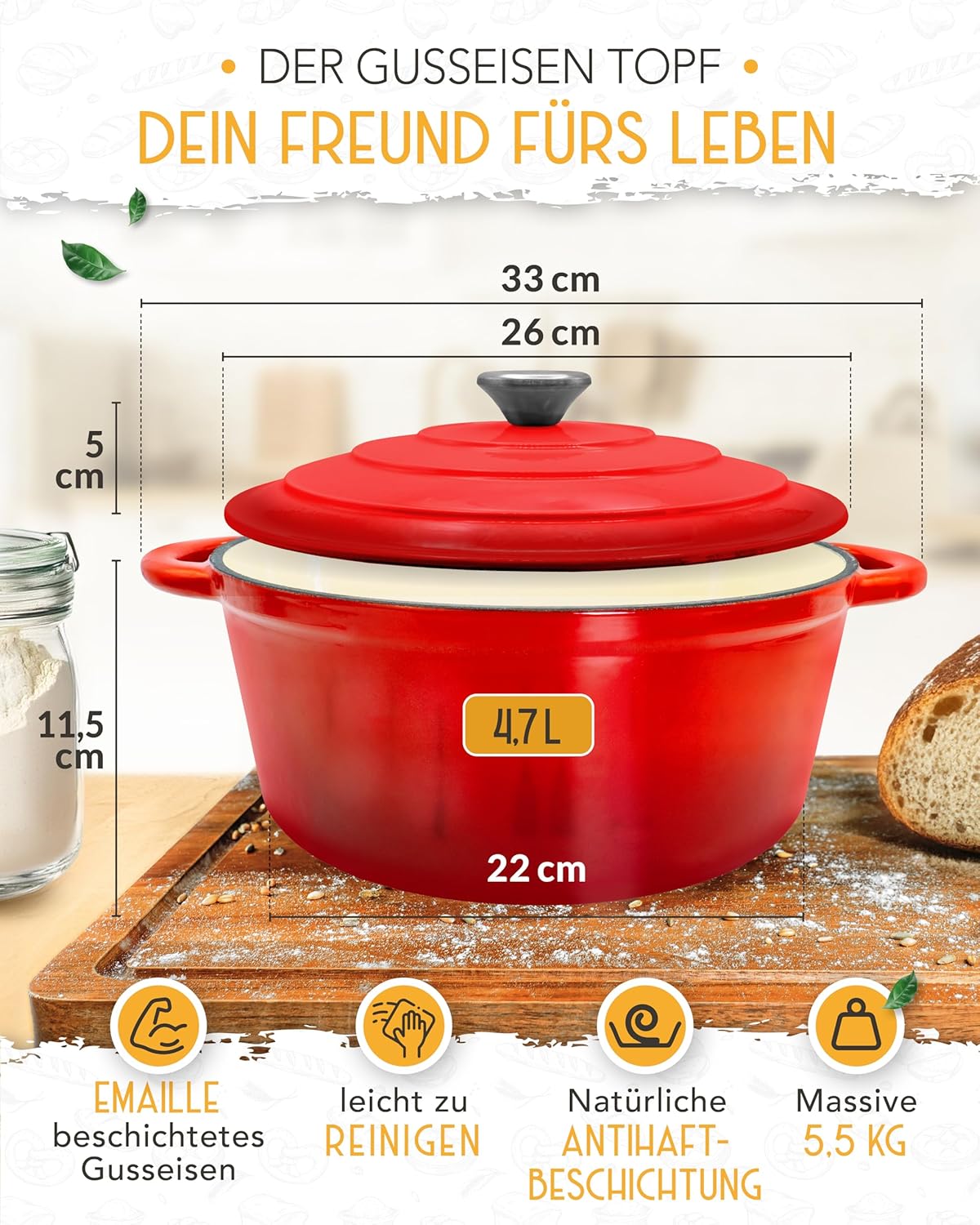 Schmortopf mit Deckel, Emaille Topf 4,7l - Rot - Einzeln