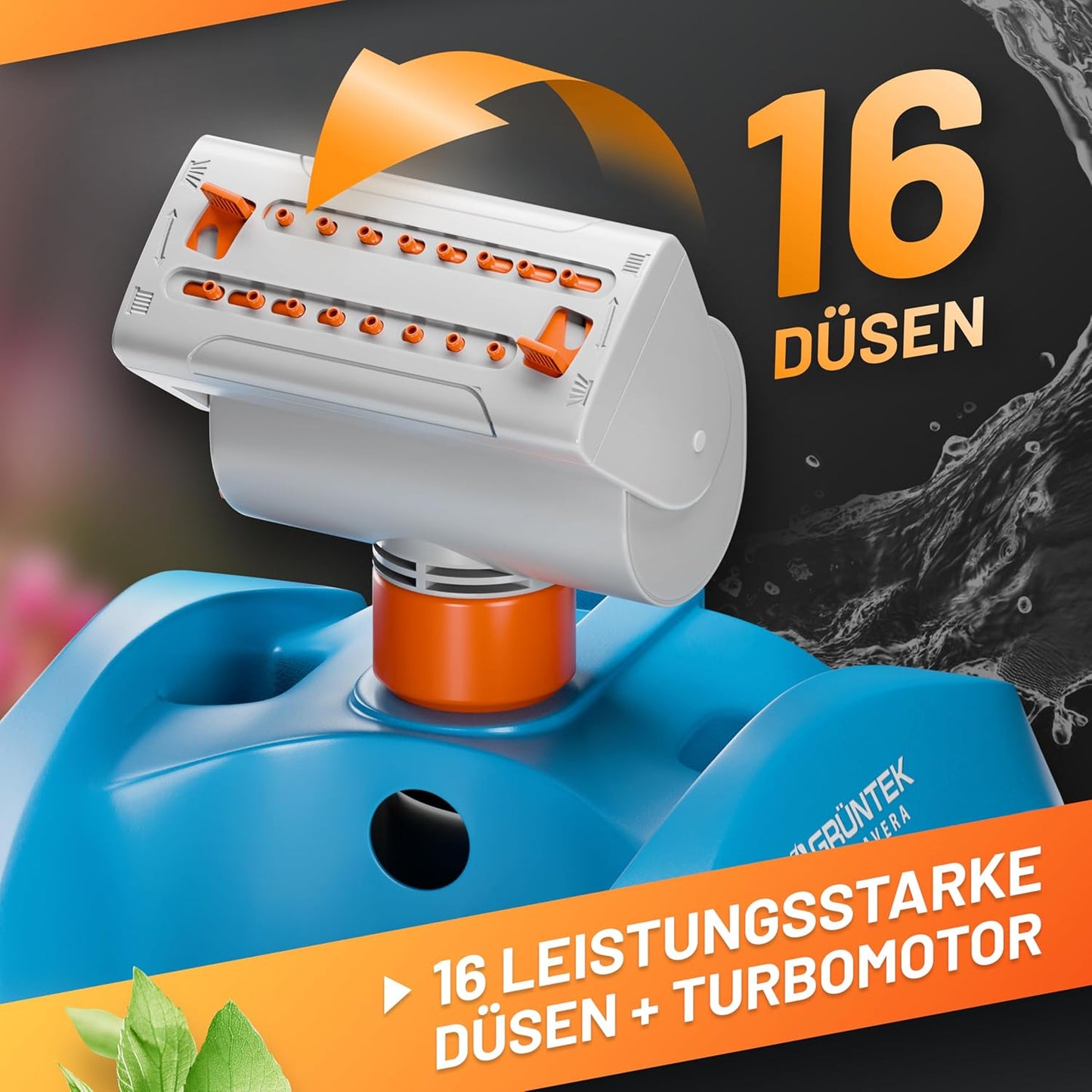 Oszillationssprinkler mit Turbo-Motor und 16 Düsen