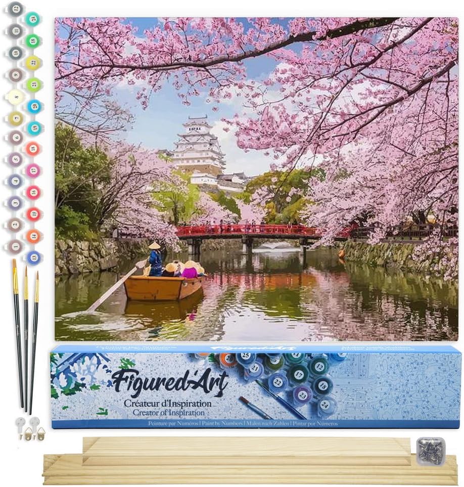 Malen nach Zahlen - Kirschblüten am Fluss in Japan, Kirschblüten am Fluss in Japan 40x50cm Mit Keilrahmen (nicht gespannt)