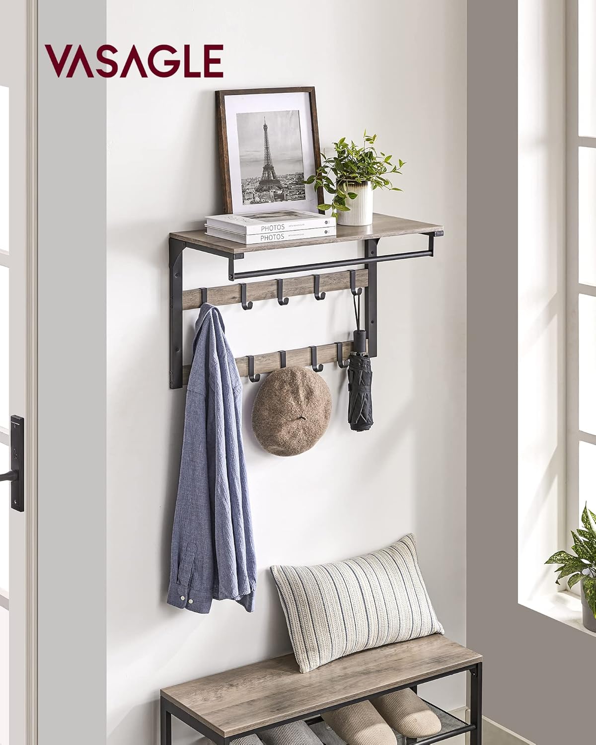 Wandgarderobe mit Schuhbank und Regal (Industrie-Design), 73B cm Greige + Schwarz