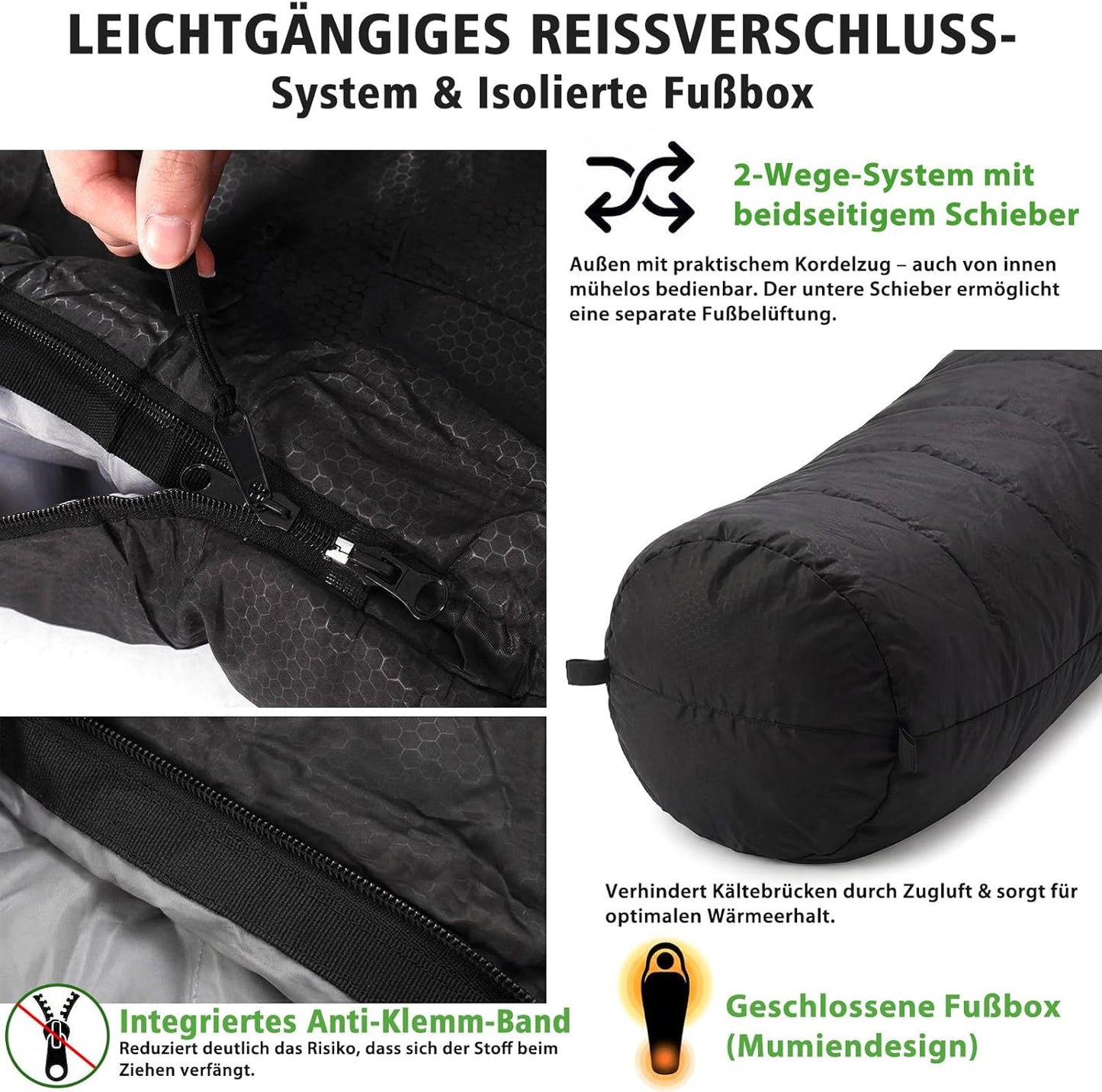 Mumienschlafsack mit Anti-Klemm-Reissverschluss, Anthrazit 4 Jahreszeiten (0 °C - +5 °C)