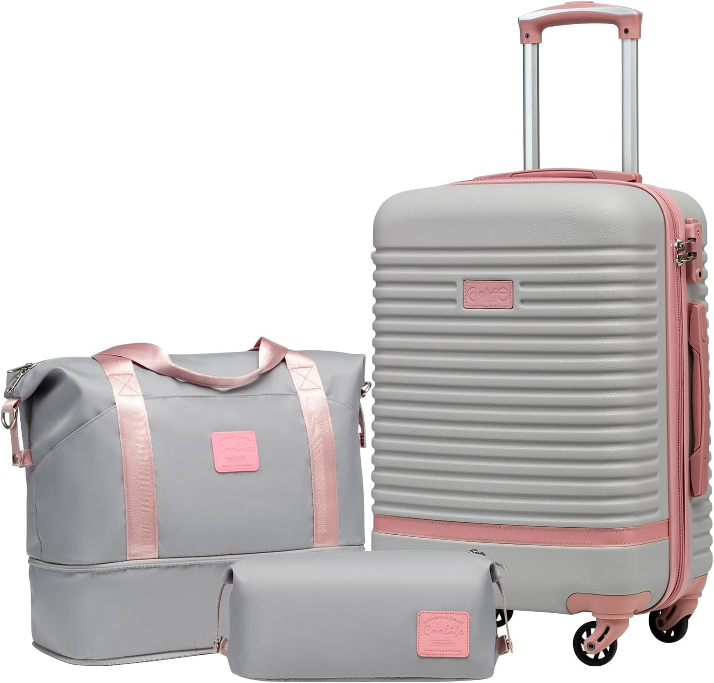 Kofferset mit Handgepäck & Reisetasche (3-tlg), Grau/Rosa Handgepäck-Set 3tlg