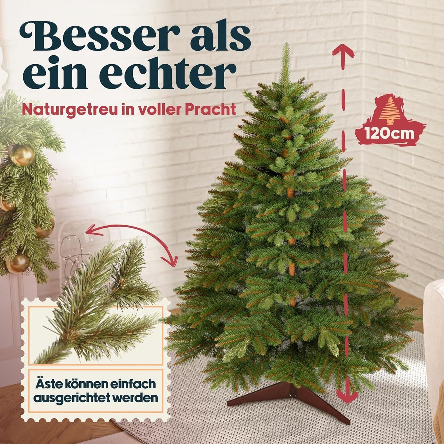 Künstlicher Weihnachtsbaum 120cm mit Holzständer, Premium 120cm