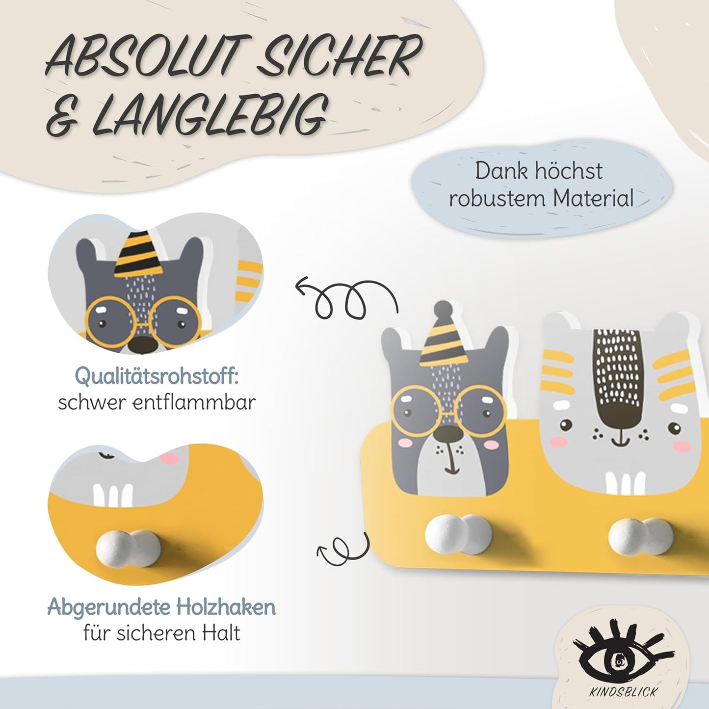 Kindergarderobe mit 4 Haken & A4 Poster, Indianer Senfgelb