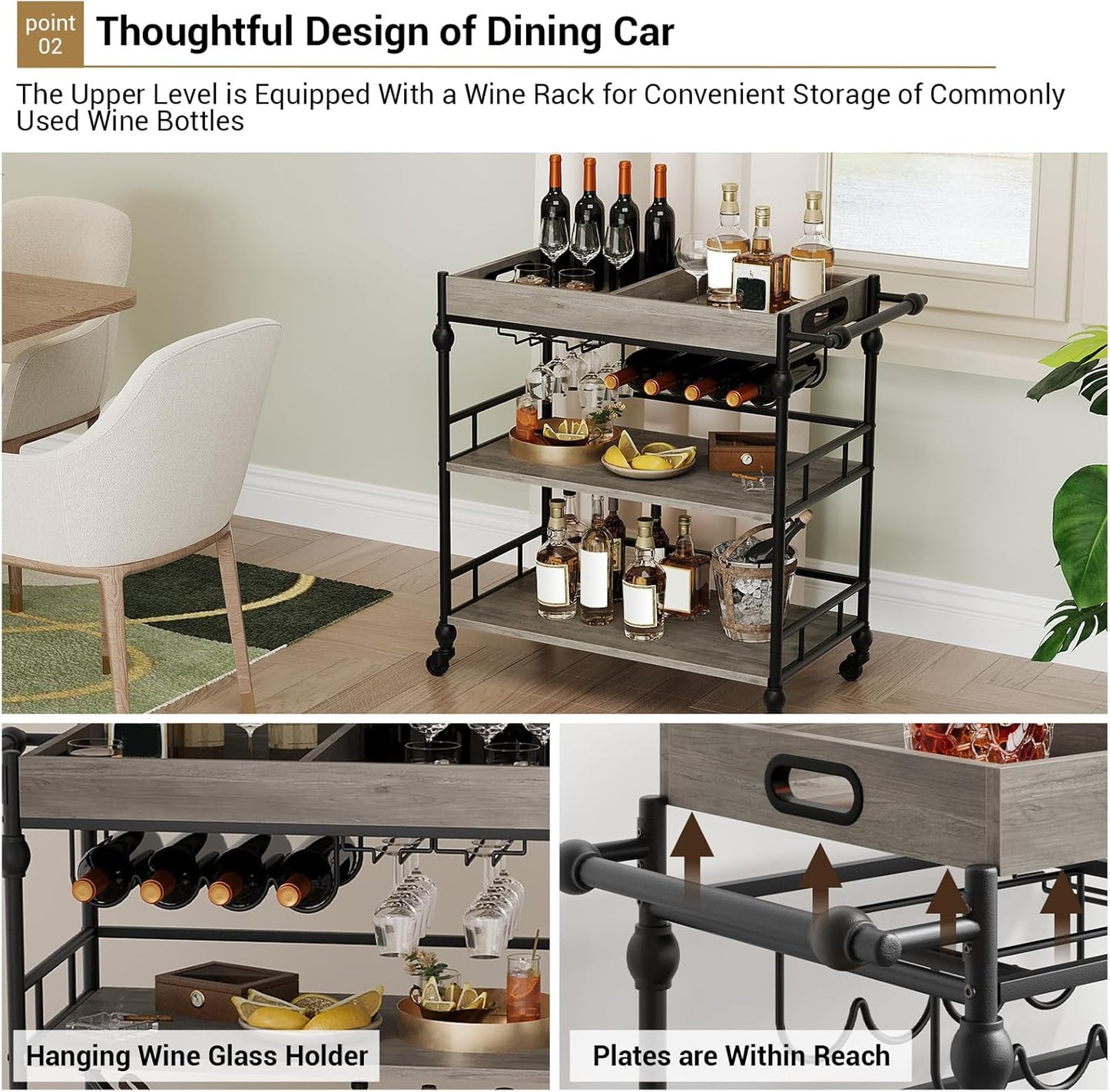 Servierwagen mit Weinregal und abnehmbarem Tablett, Grau