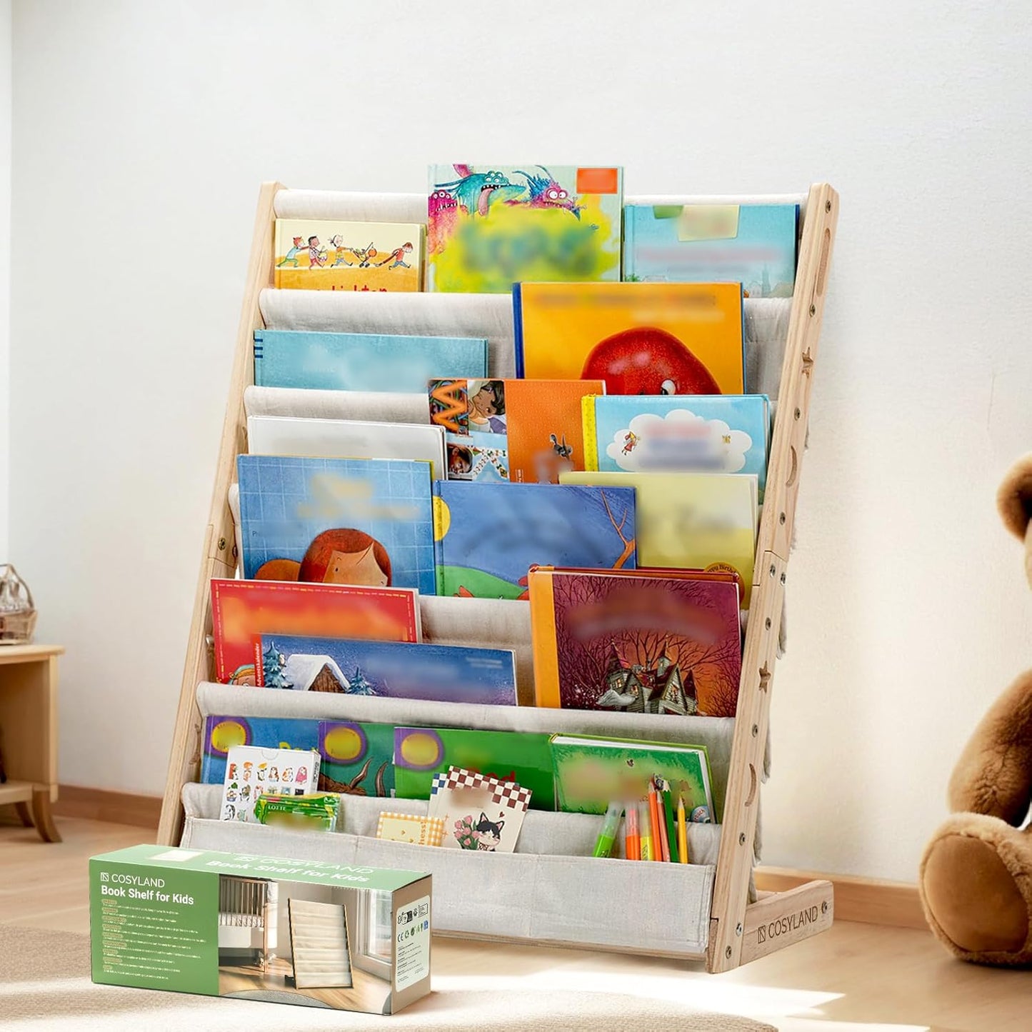 Bücherregal für Kinderzimmer mit sechs Stofffächern, Naturholzfarbe Large
