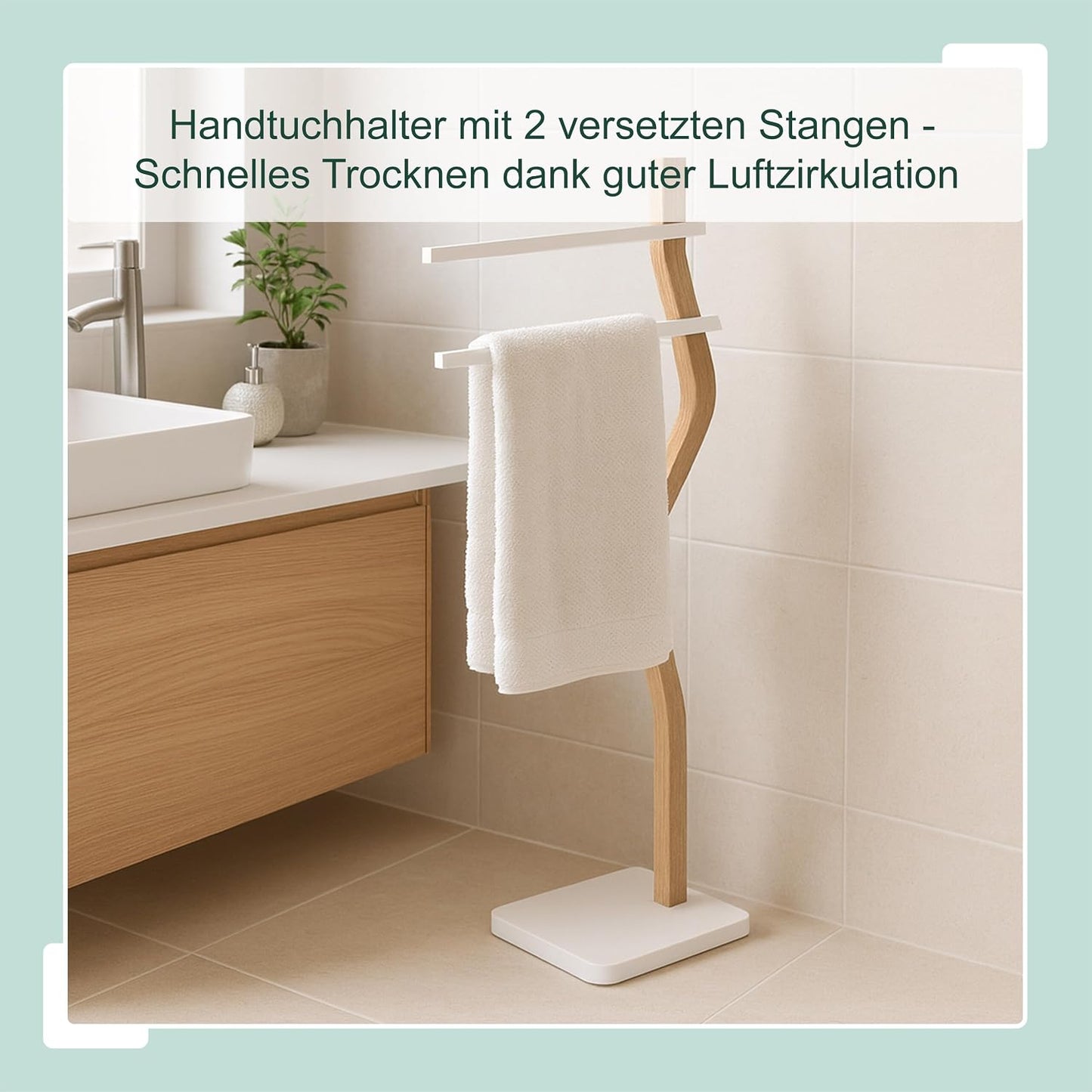 Handtuchständer mit 2 Stangen aus Metall und Holz, Weiss/Natur