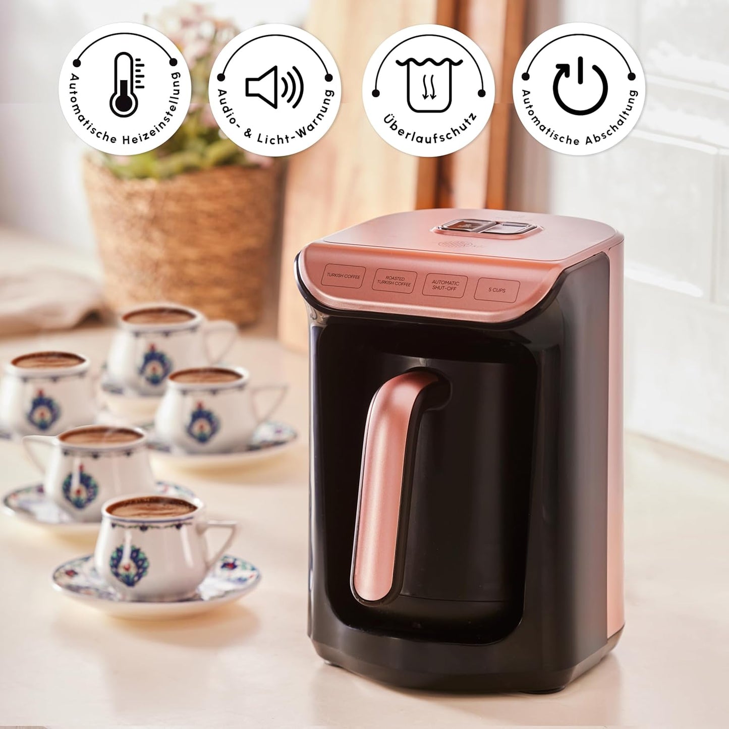 Kaffeemaschine mit Sprachwarnsystem, Roségold