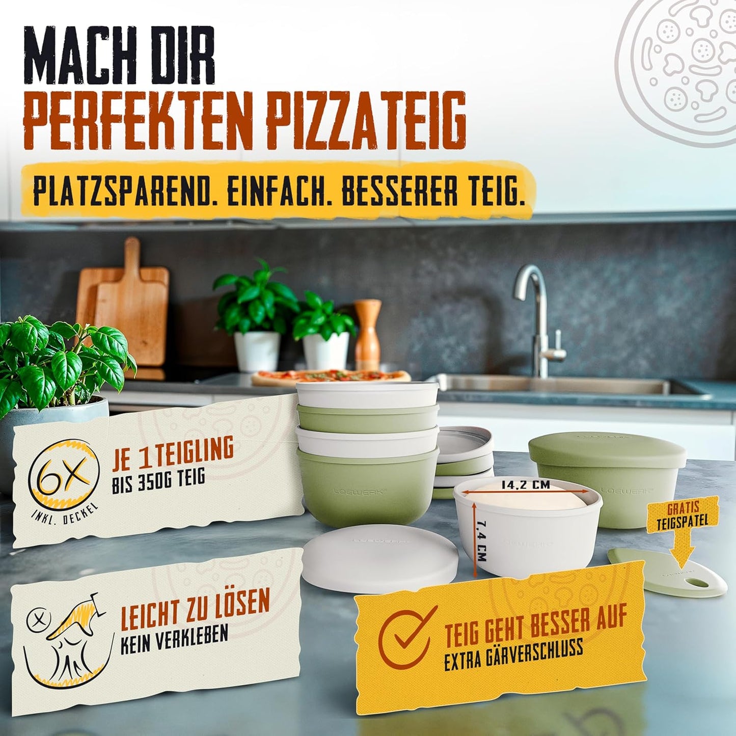 6er-Set Pizzaballenbox mit Deckel und Teigspatel, 6er Set - Olive/Grau + Teigspatel