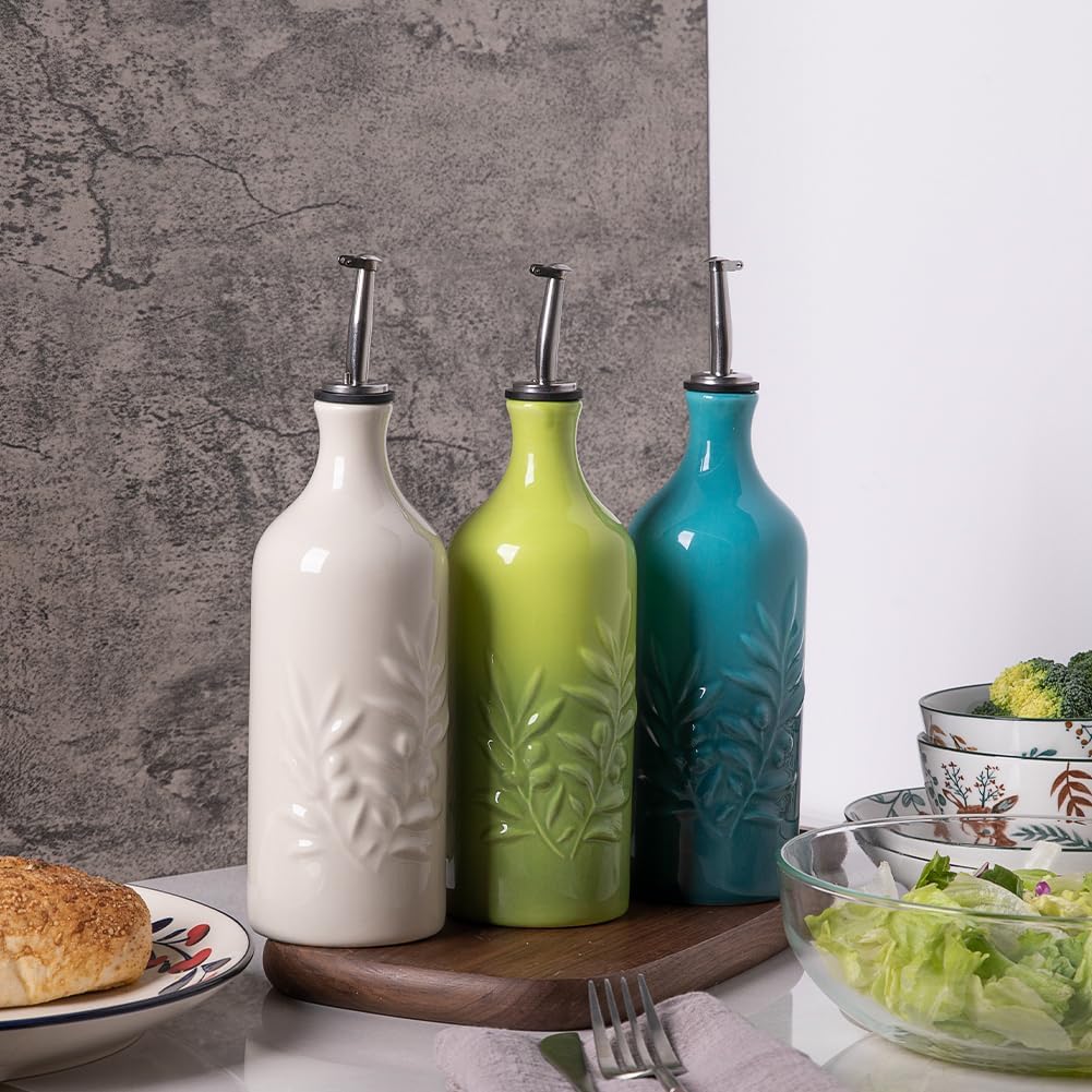 Keramische Olivenölspenderflasche (570ml), Beige Olivenblatt Relief 570ml
