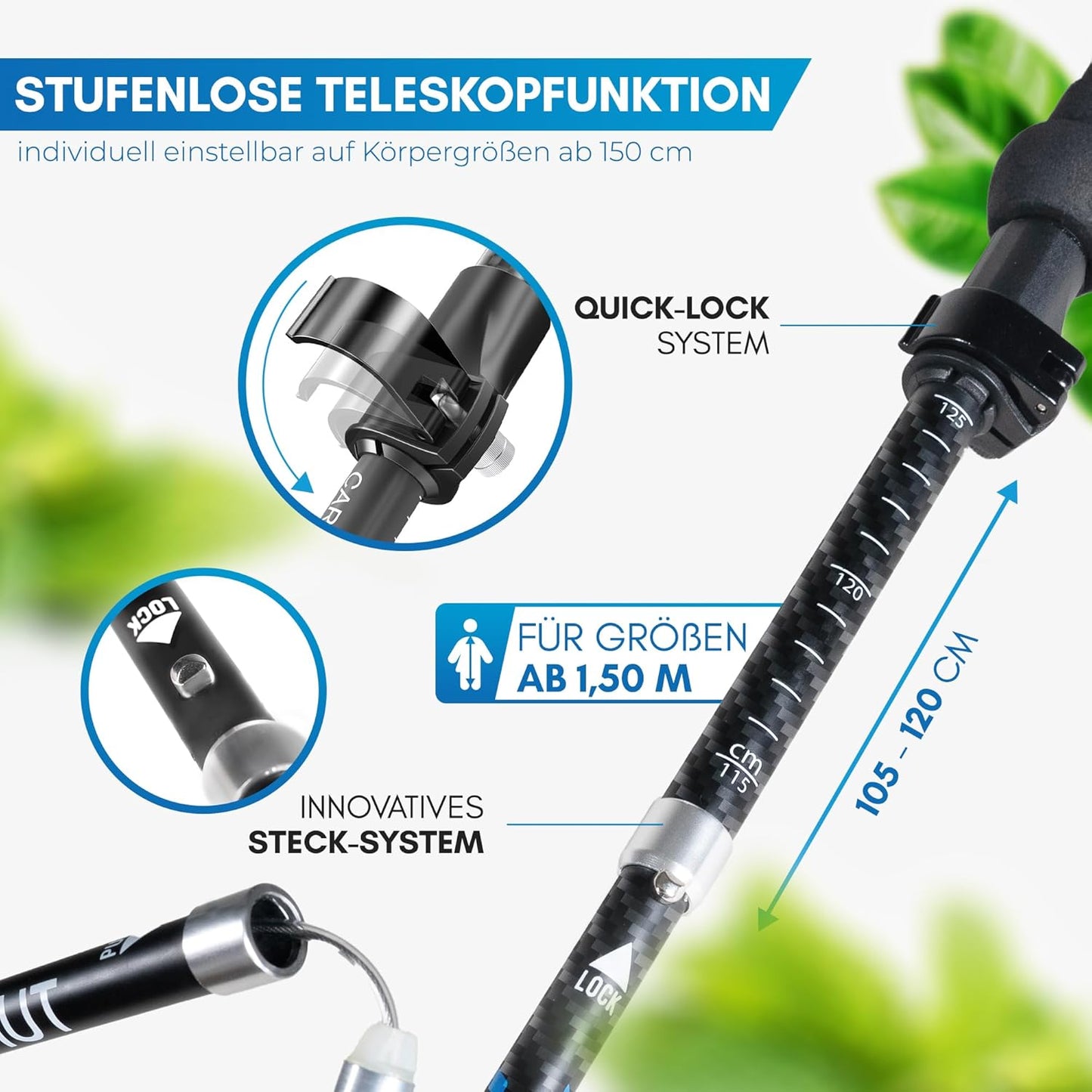Faltbare Trekkingstöcke aus Carbon, 105-120cm Carbon