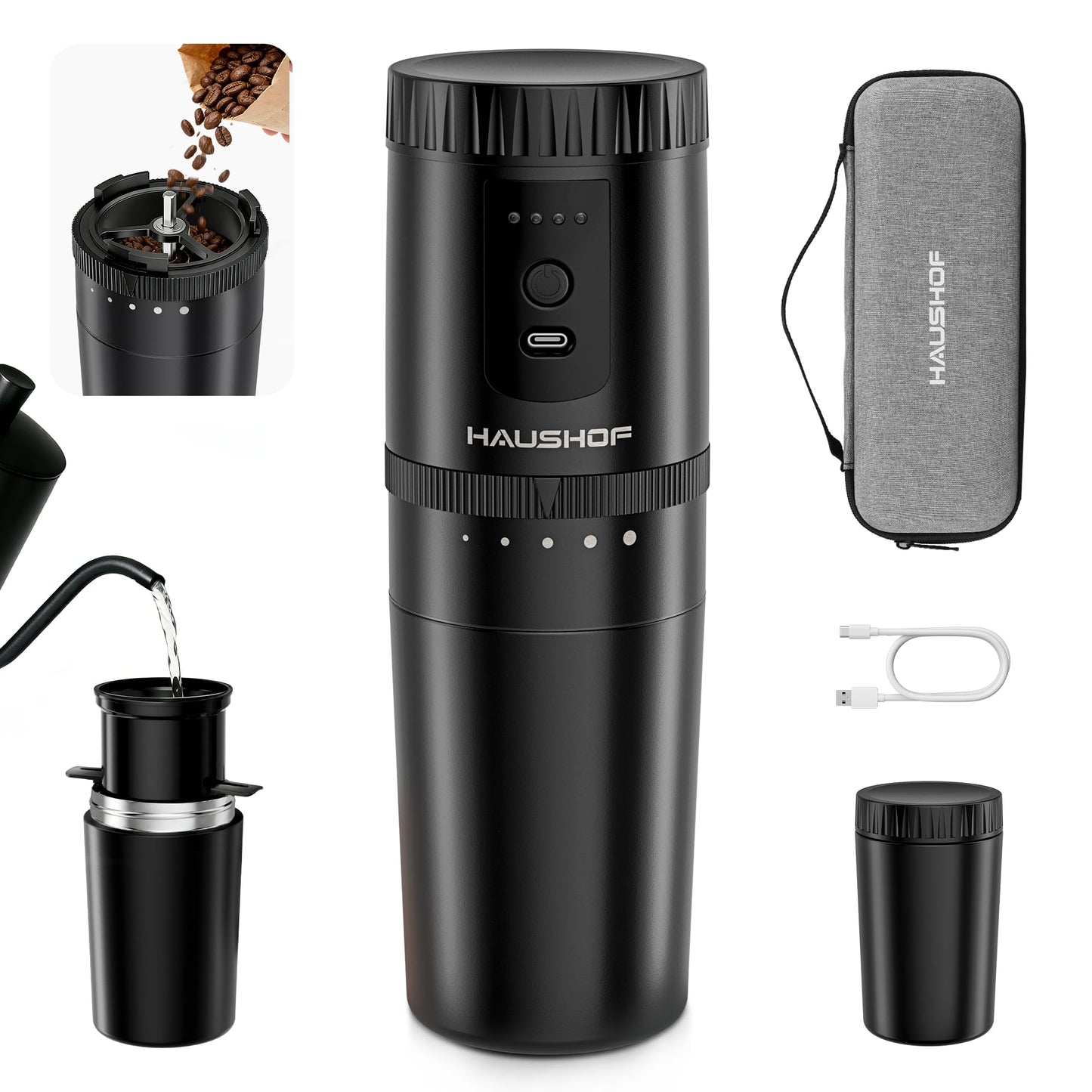 Elektrische Kaffeemühle mit Thermobecher, Schwarz