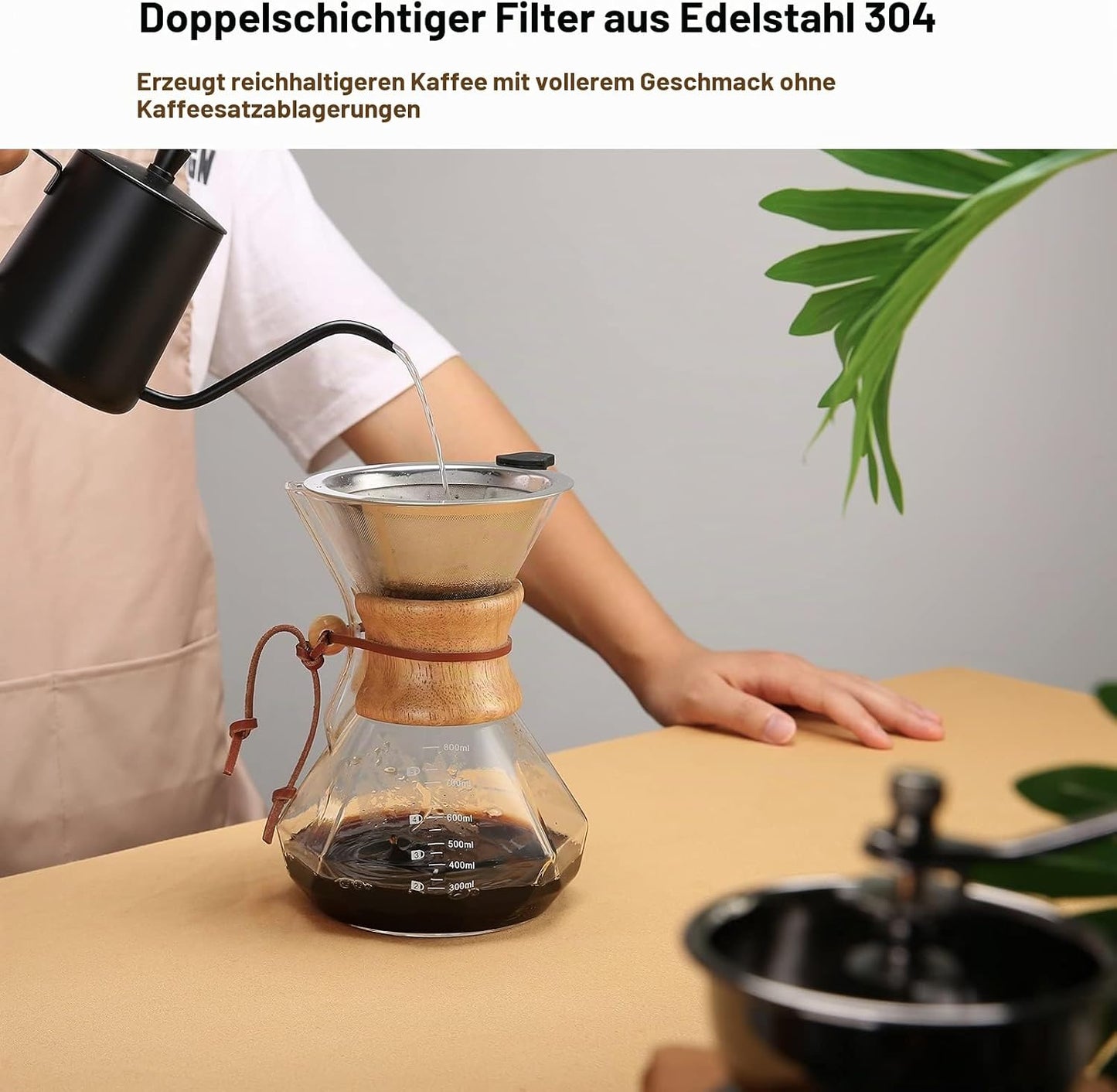 Pour Over Kaffeebereiter mit Edelstahlfilter, 800 ml, 800 ml(Steel Filter, Clear)