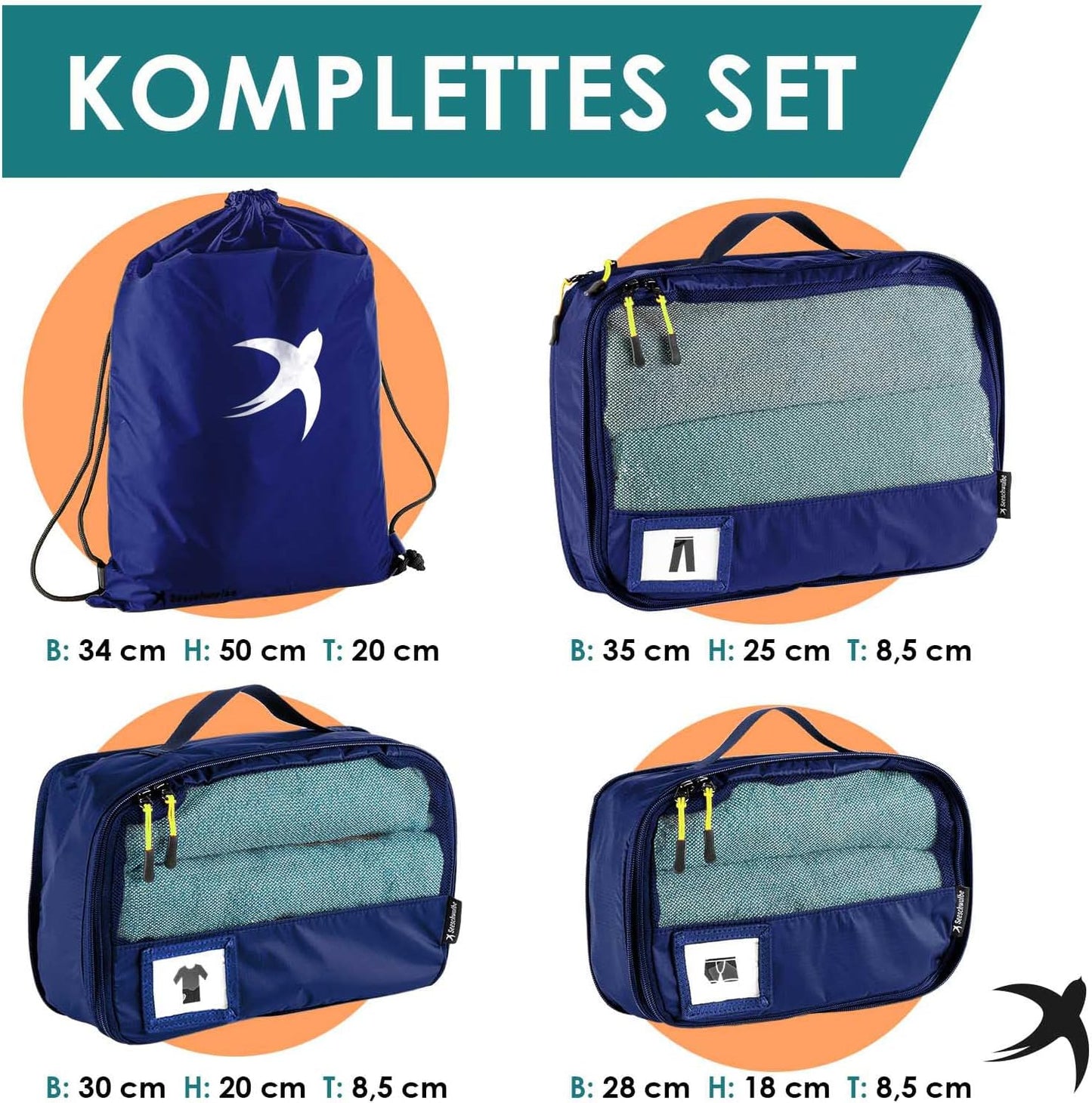 4-teiliges Packwürfel-Set, Blau 4-teiliges Set