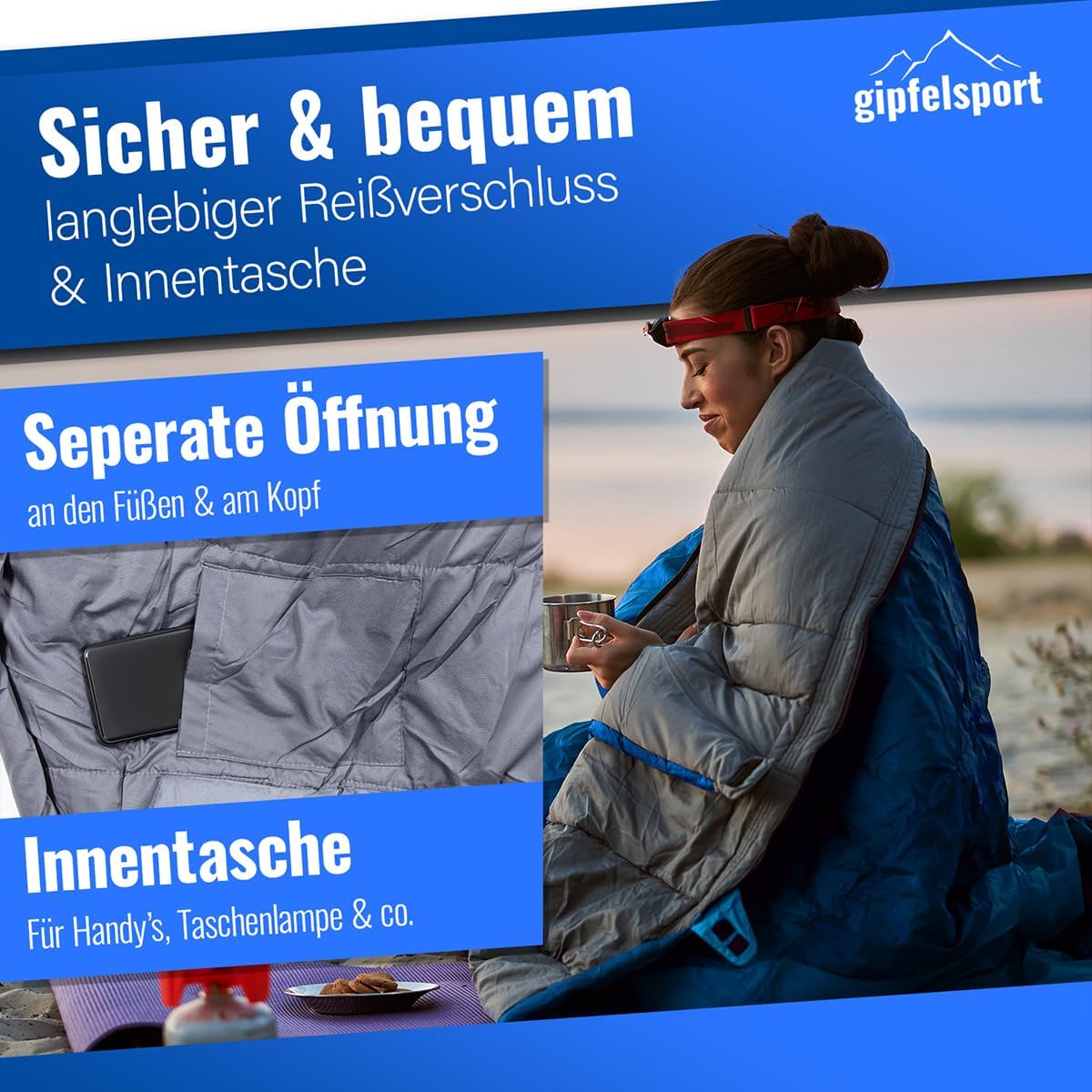 Ultraleichter Mumienschlafsack für Outdoor & Camping, 10°C blau