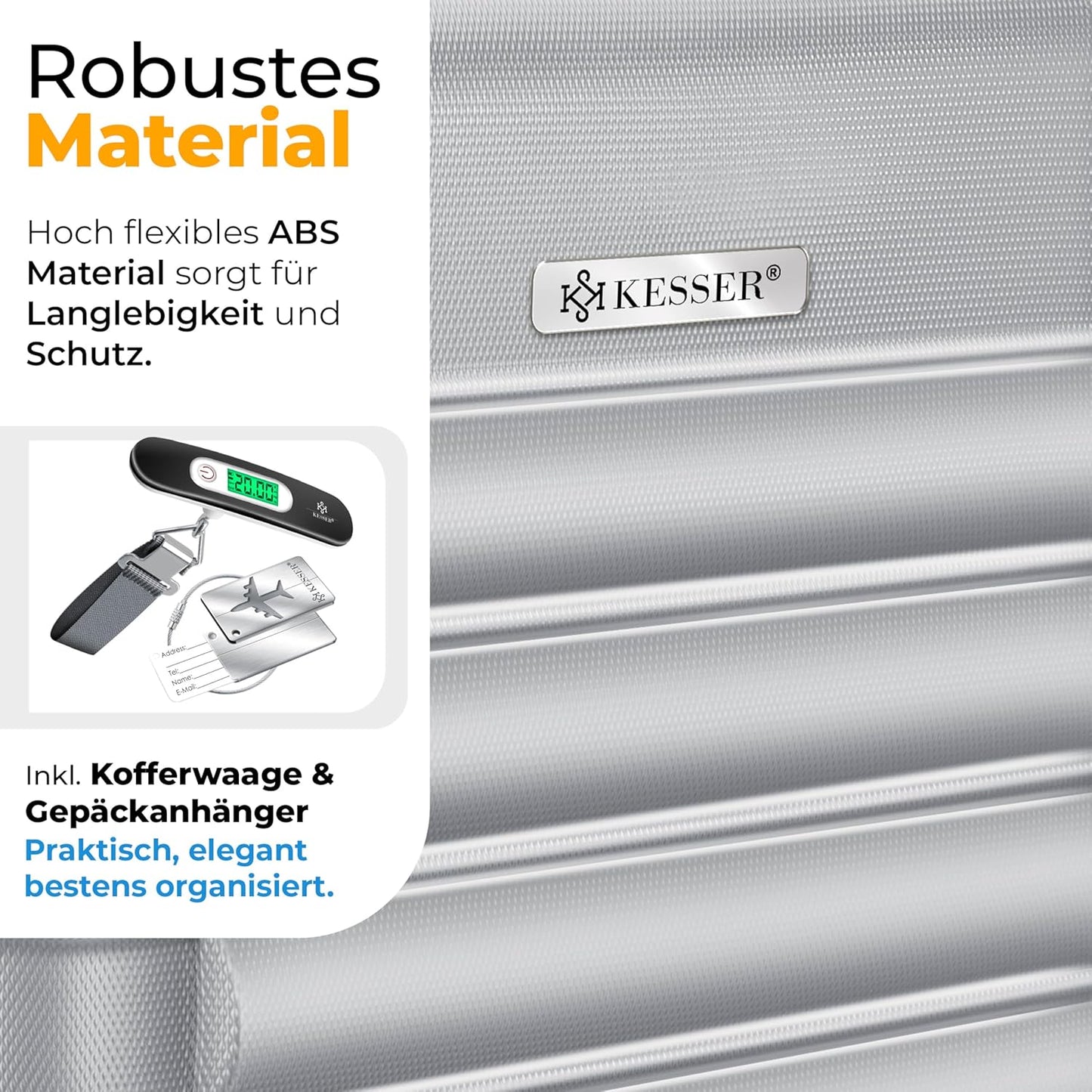 Hartschalenkofferset mit Trolley und Kofferwaage, Silber