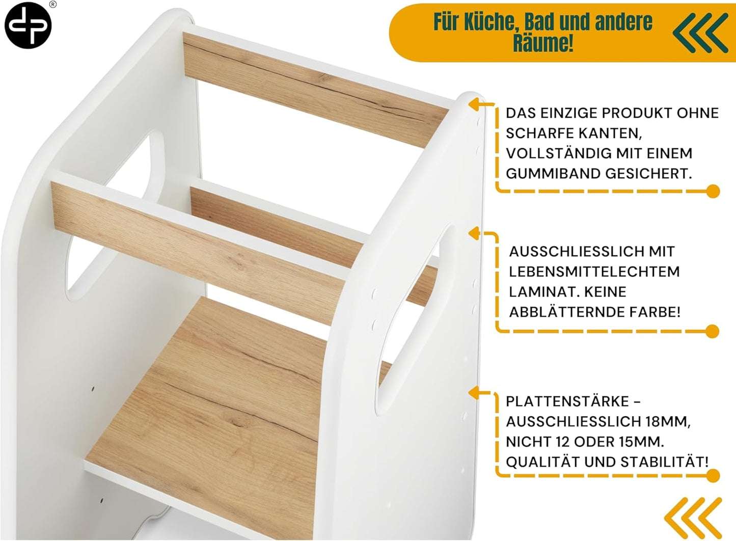 Höhenverstellbarer Lernturm mit Kippschutz, Weiß + Eiche