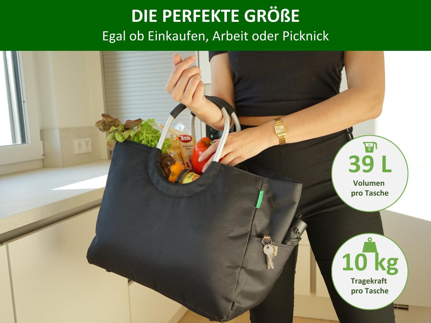 Faltbare Einkaufstasche aus recyceltem Material, Schwarz L