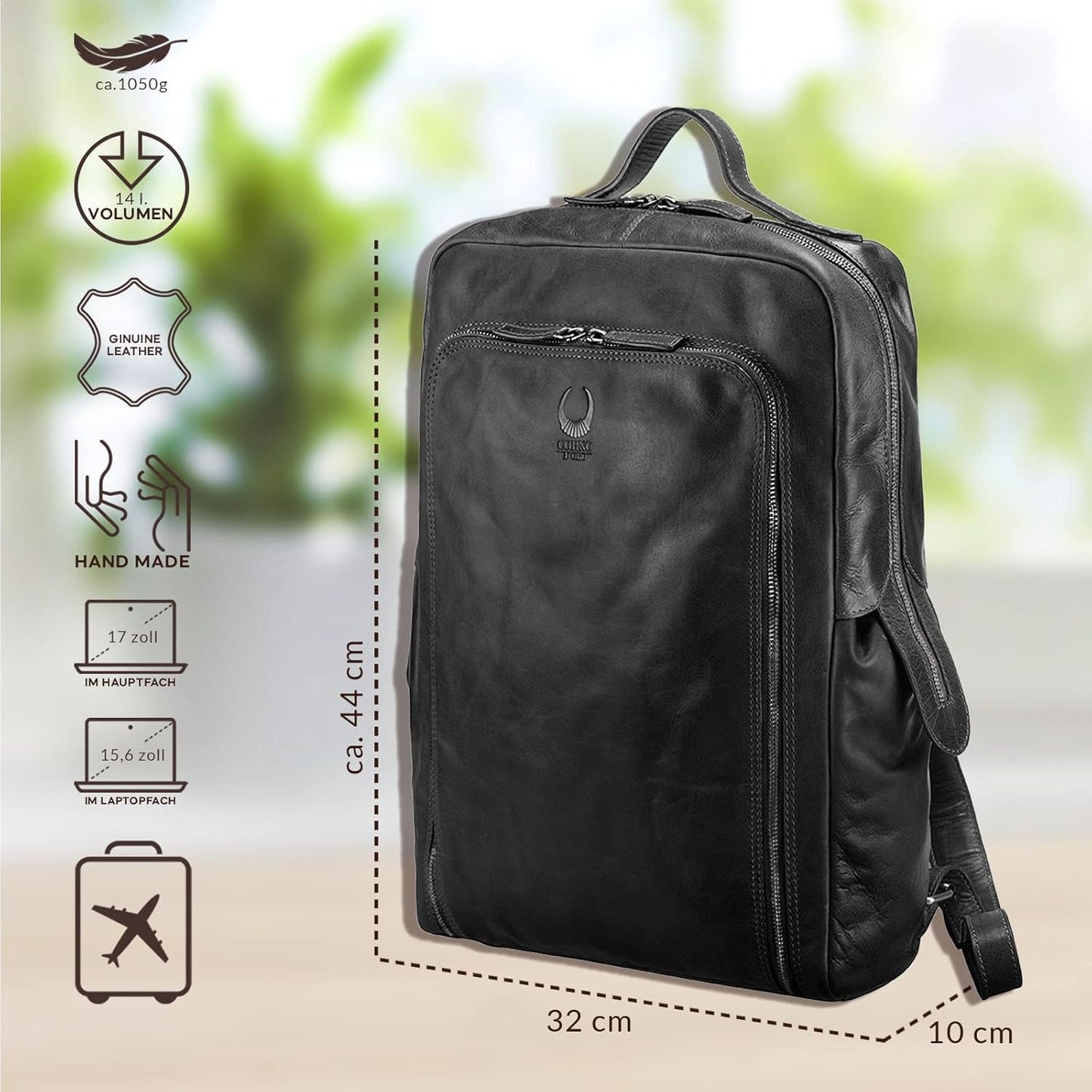 Lederrucksack mit Organizer-Fach, Schwarz
