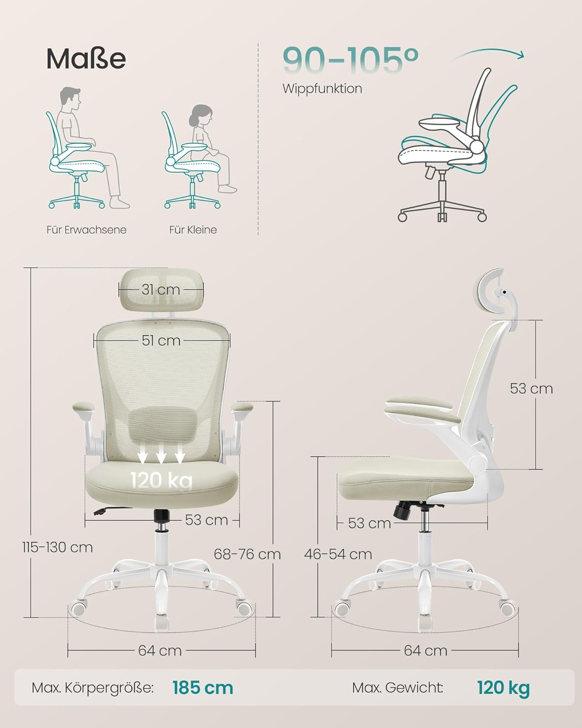 Ergonomischer Drehstuhl mit Kopfstütze, Cappuccinobeige Mit Kopfstütze
