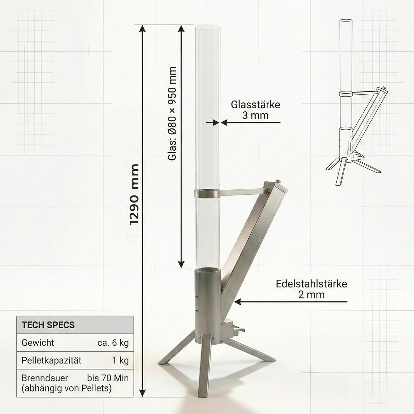 Pelletfackel Raketenofen mit Glasrohr, Edelstahl Silber