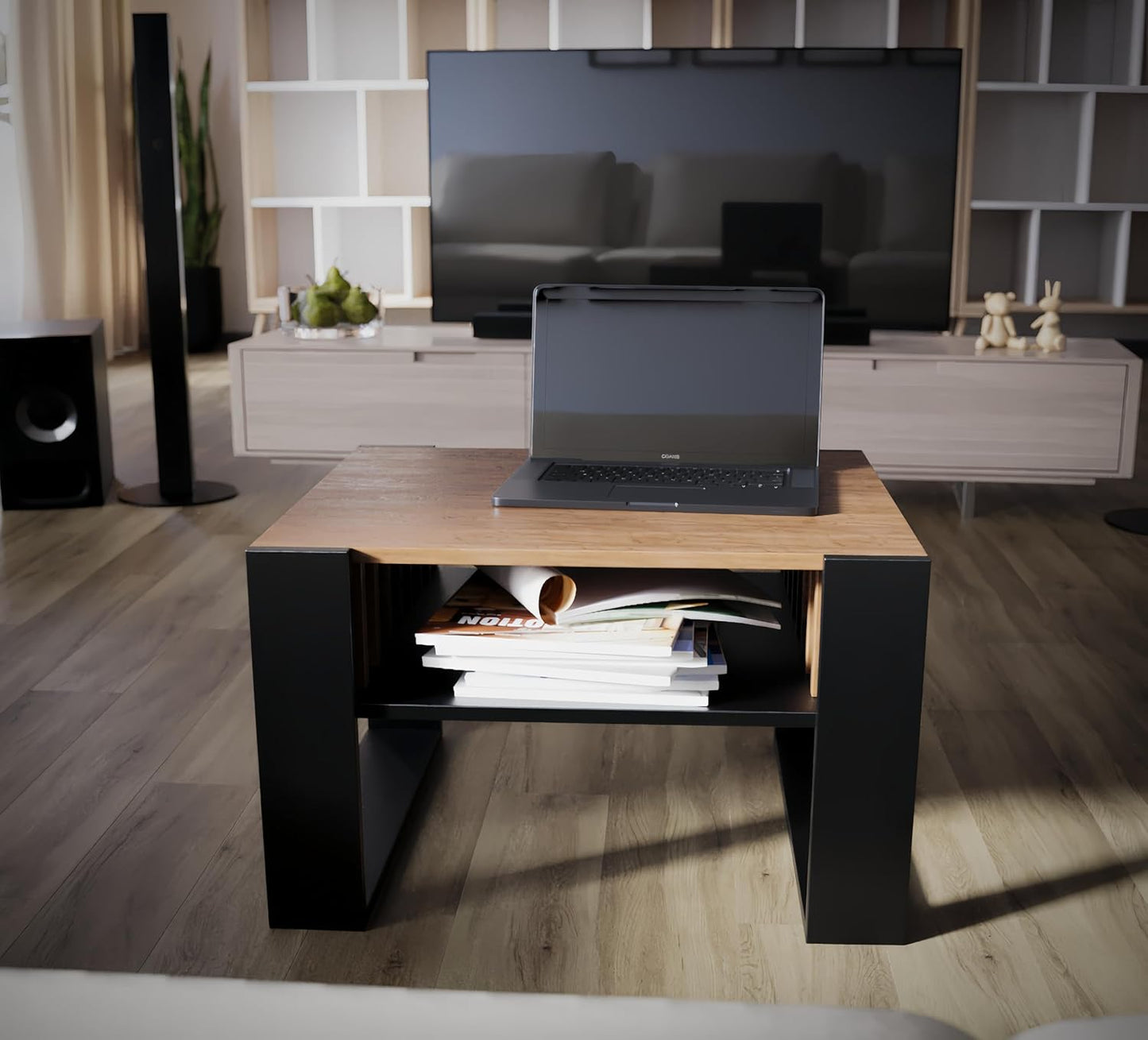 Kleiner Couchtisch mit Stauraum und Lamellen-Design, Schwarz + Eiche