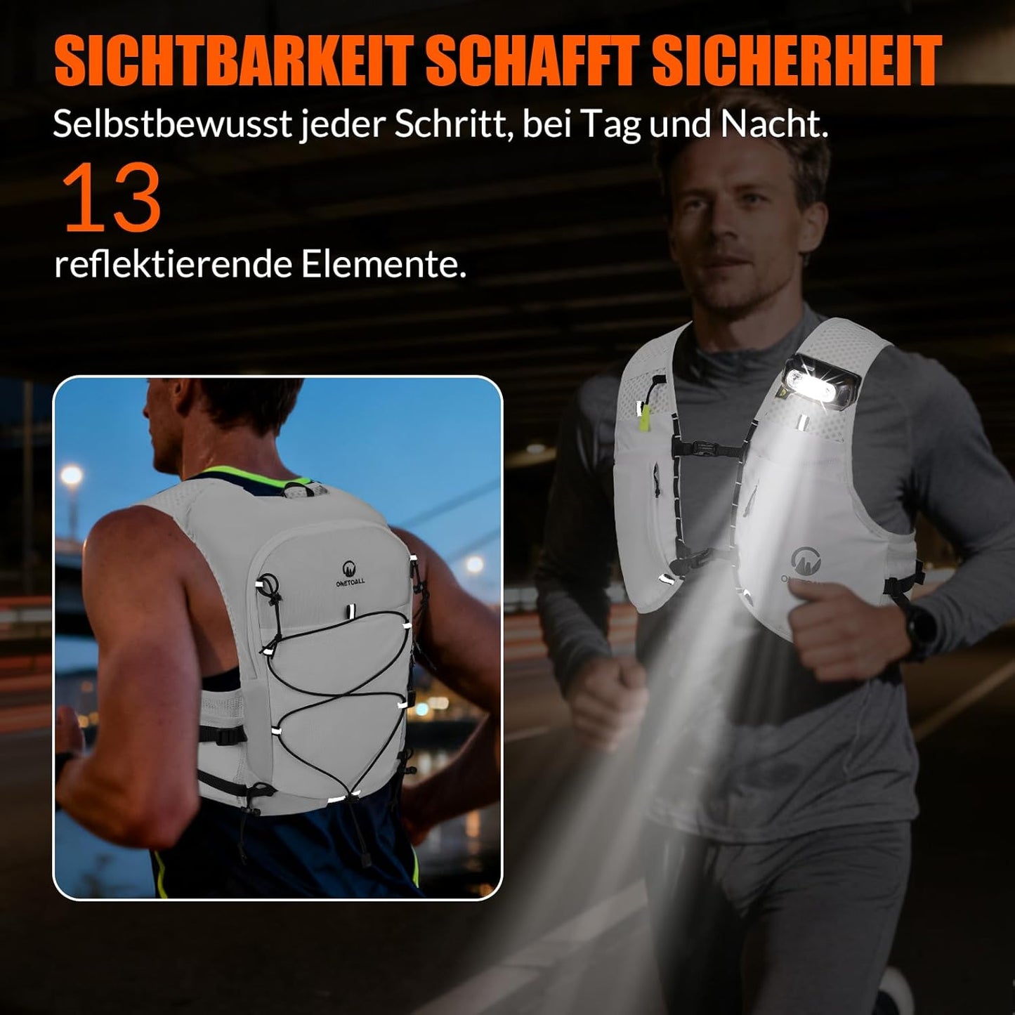 Trinkrucksack mit 2 faltbaren Trinkflaschen, weiss +2 Trinkflaschen