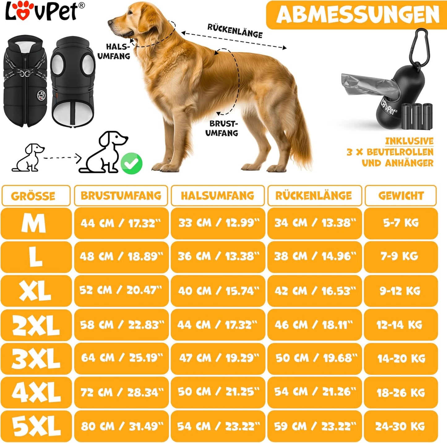 Hundewintermantel mit Geschirr & Kotbeutel-Set, 4XL Schwarz