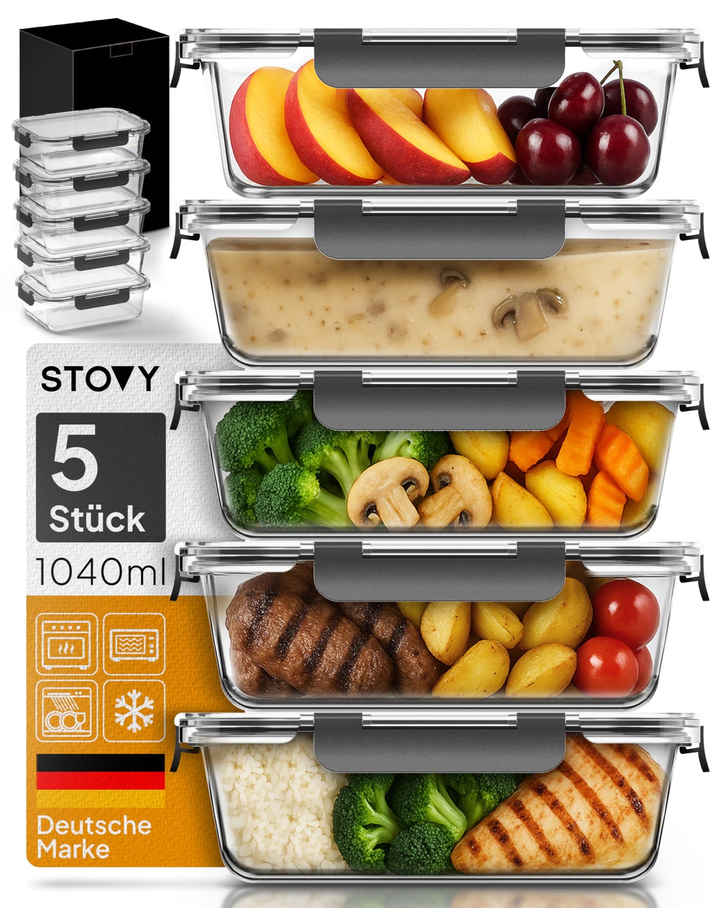 Meal Prep Glasbehälter-Set mit Deckel (5x 1040ml)