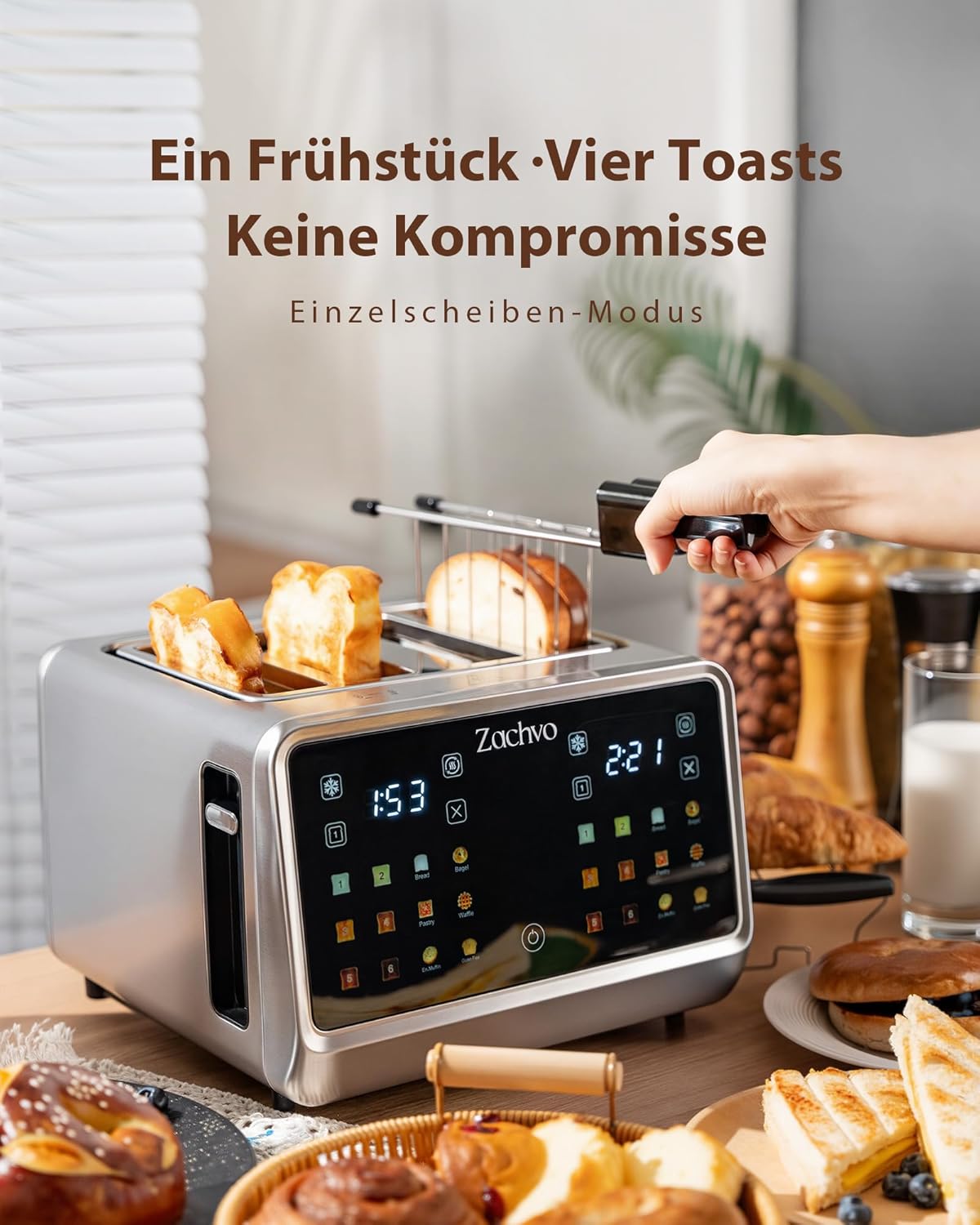 Edelstahl-Toaster mit Touchscreen & LED Countdown, Silber Sandwichhalter & Brötchenaufsatz