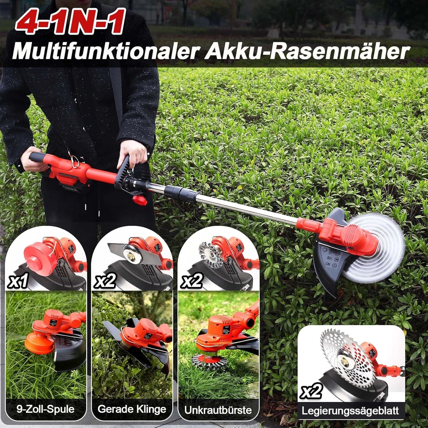 4-in-1 Akku-Rasentrimmer mit Unkrautbürste, Rosa