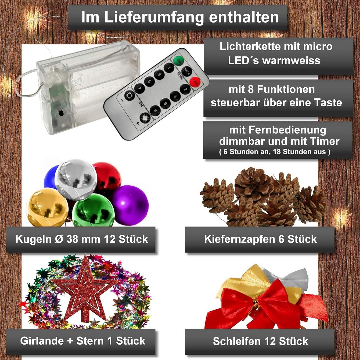Künstlicher Weihnachtsbaum mit Deko und LED-Lichterkette, 90 cm / Grün-bunt-braun+warmweiss