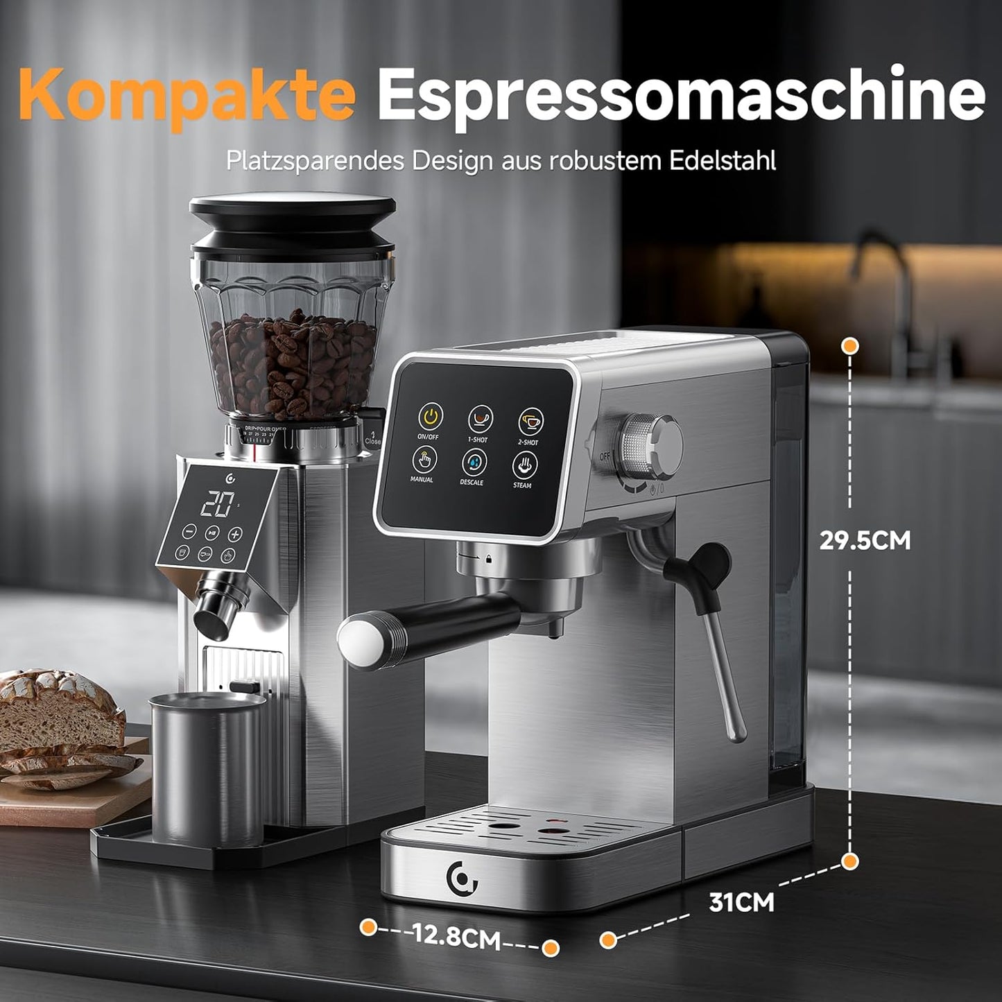 Siebträgermaschine mit LED-Touchscreen, 1.2L Black
