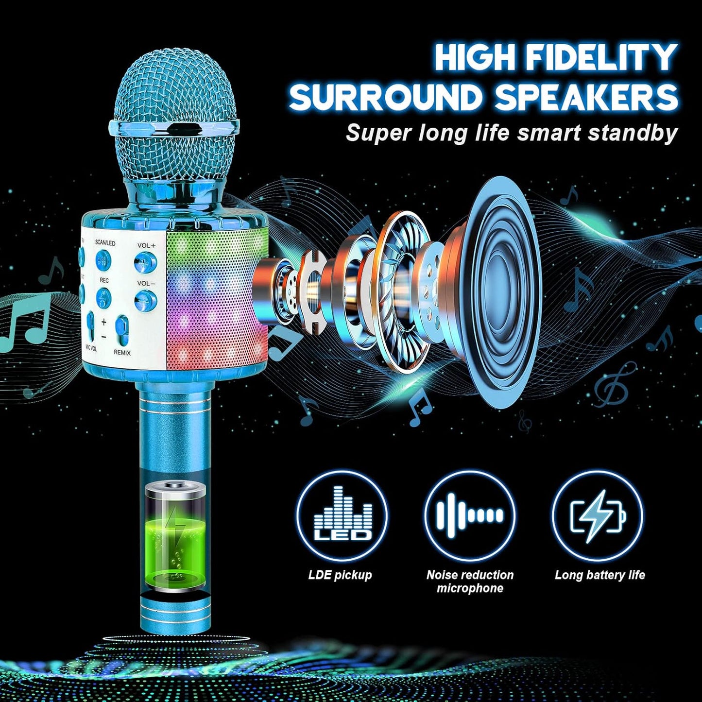 4-in-1 drahtloses Karaoke Mikrofon für Kinder, blue