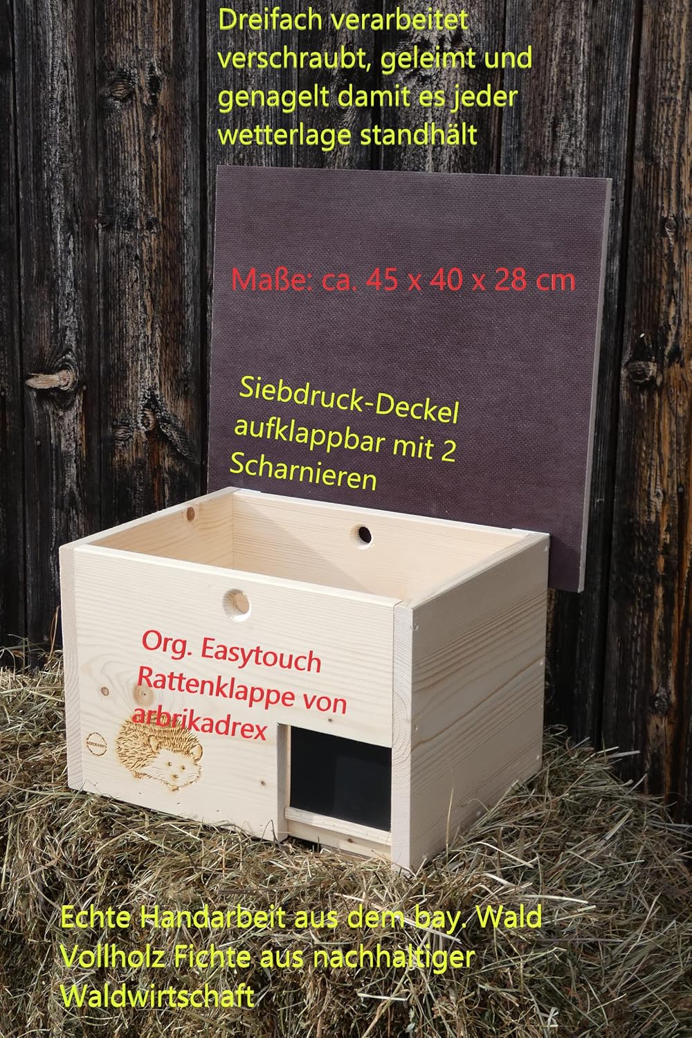 Igelhaus mit Rattenklappe und Boden, Igelhaus 3x von Hand Imprägniert