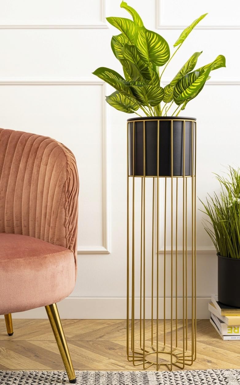 Blumenständer mit rundem Blumentopf, 70 cm hoch, 70 cm, Schwarz - Gold