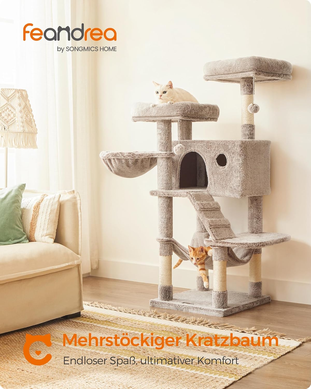 Kratzbaum Lea mit weichem Bezug für Katzen, Ombré + Braun + Weiss
