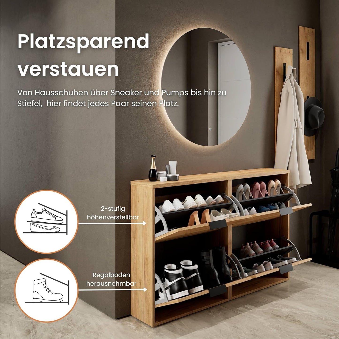 Schuhschrank-Set mit Klappen (4 Ablagen), 2x 2 Klappen Gold Eiche