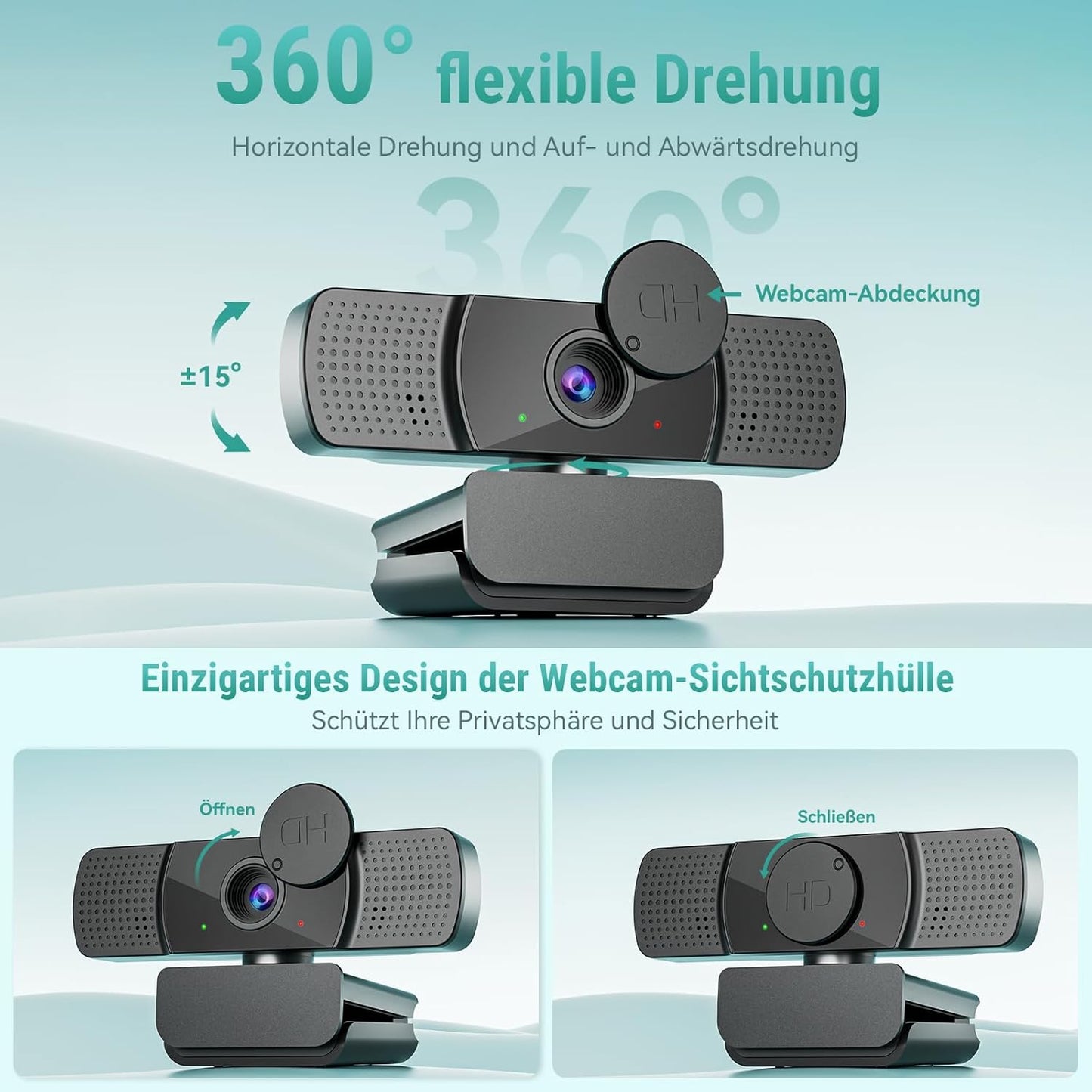 2K Full HD Webcam mit Dual Mikrofon, Objektivabdeckung und Weitwinkel, 2K