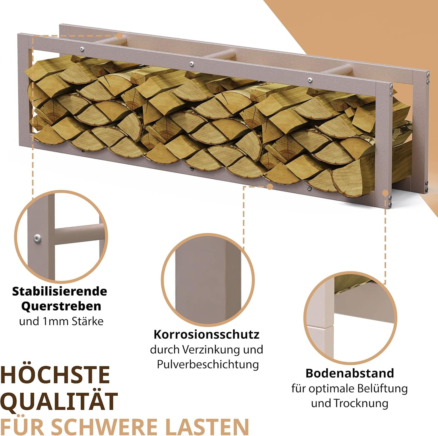 Kaminholzregal, 40x25x150 cm, Ral 9001 Cremeweiss