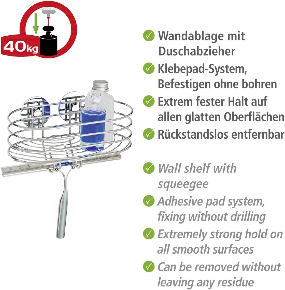 Turbo-Loc Wandablage mit Duschabzieher, ohne Bohren, 27.5 x 13.5 x 24 cm Wandablage mit Wischer Single