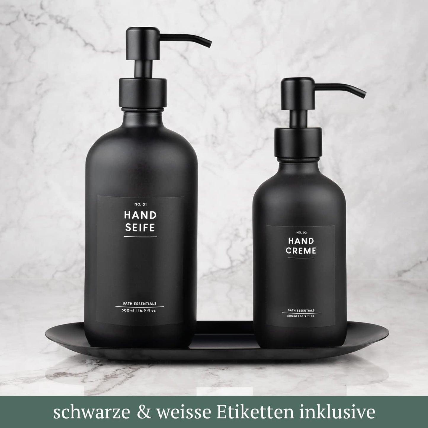 2er-Set Seifenspender mit Tablett, Schwarz 250/500