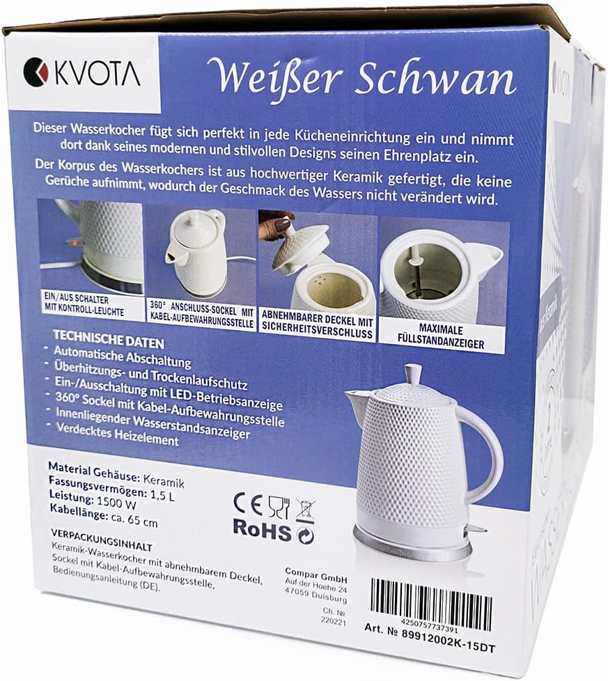 Weisser Schwan - Keramik-Wasserkocher im Retro-Design