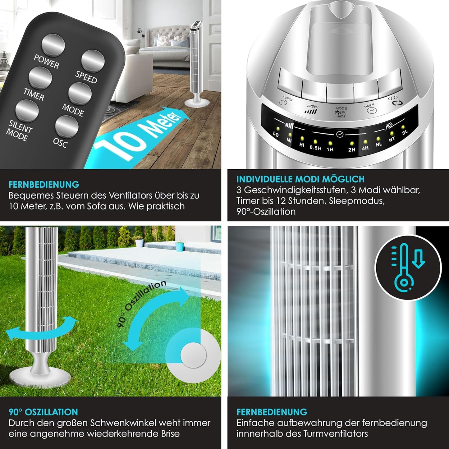 Turmventilator mit Fernbedienung und Timerfunktion, Silber