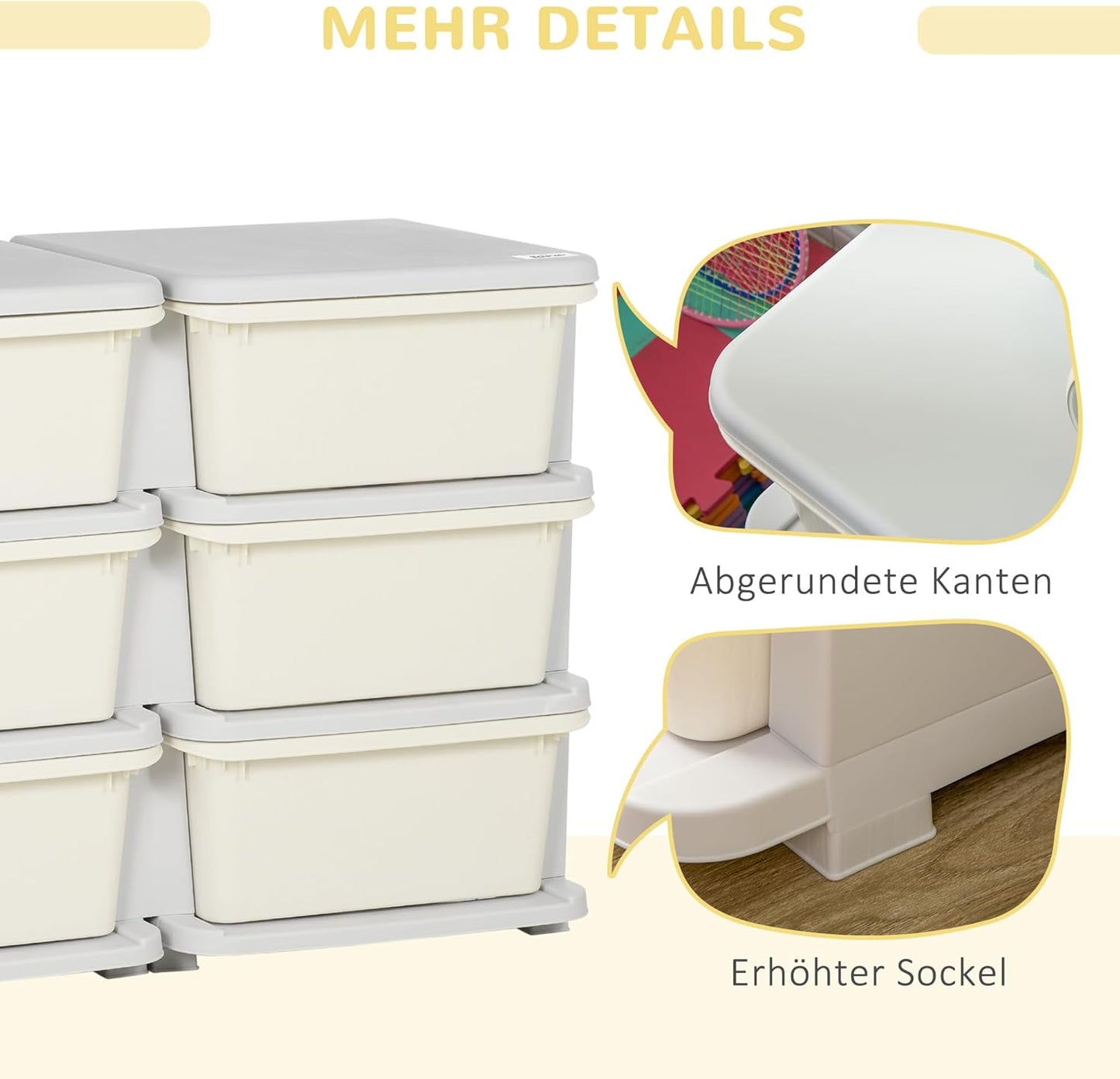 Kinderschubladenschrank mit abgerundete Kanten, 75L x 37B x 56,5H cm Cremeweiss