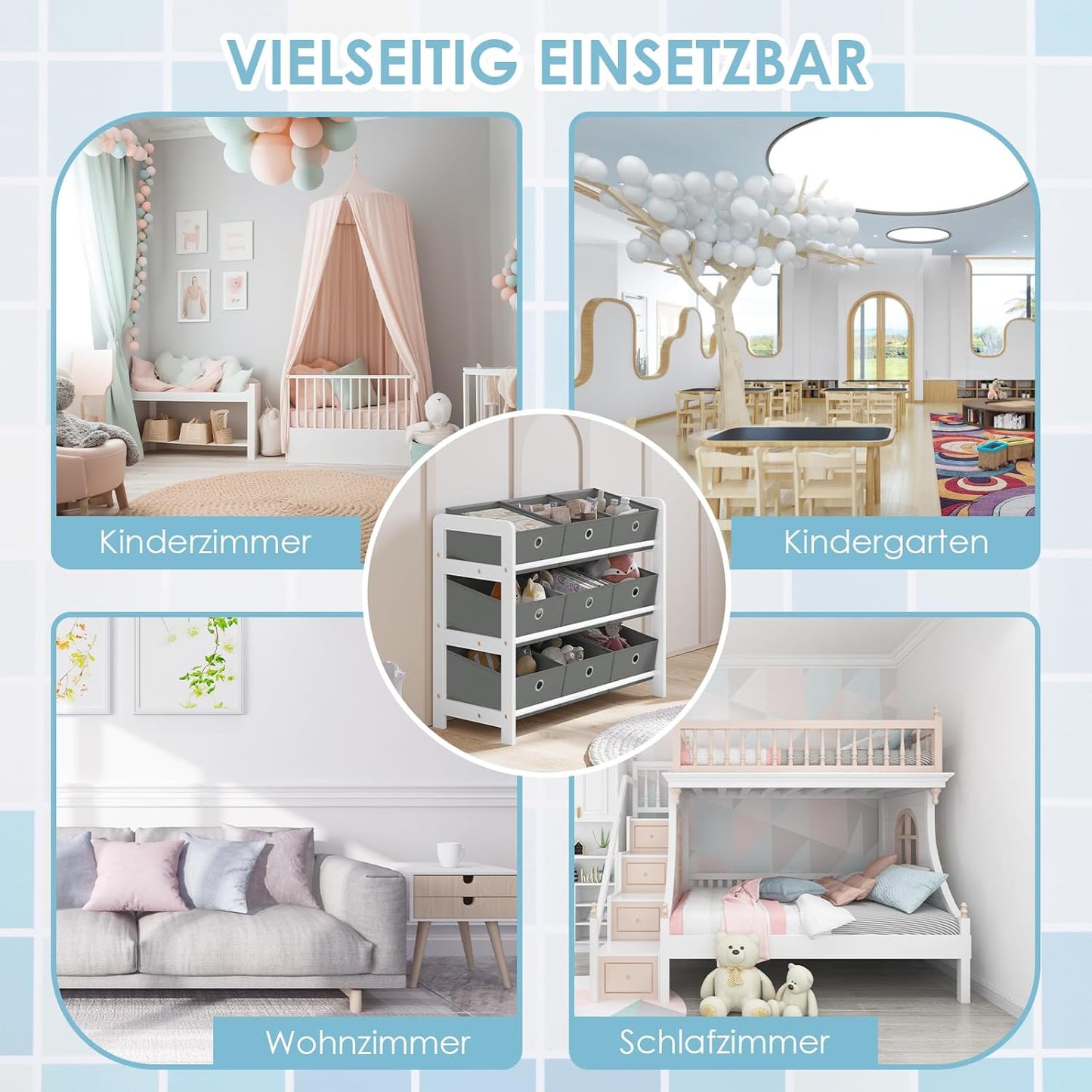 Kinderregal mit 9 Aufbewahrungsboxen