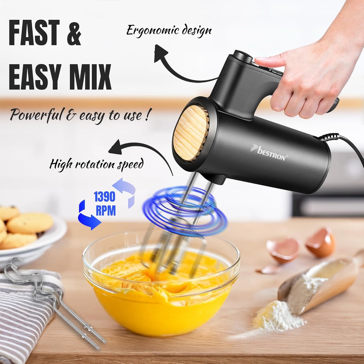 AHMD100BW Handmixer mit Turbo & LCD-Display, Schwarz-holz