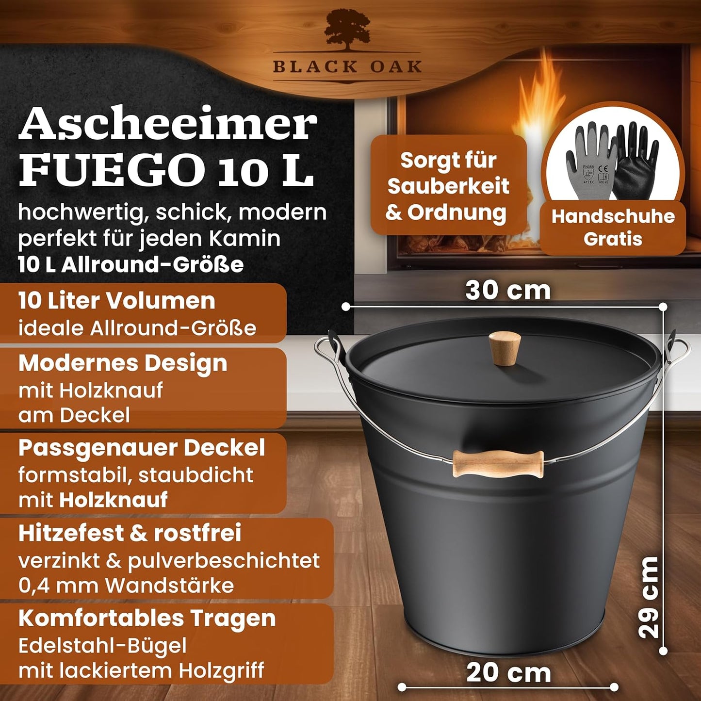 Feuerfester Ascheeimer mit Deckel & Handschuhen, Fuego, Fuego 10L Eimer