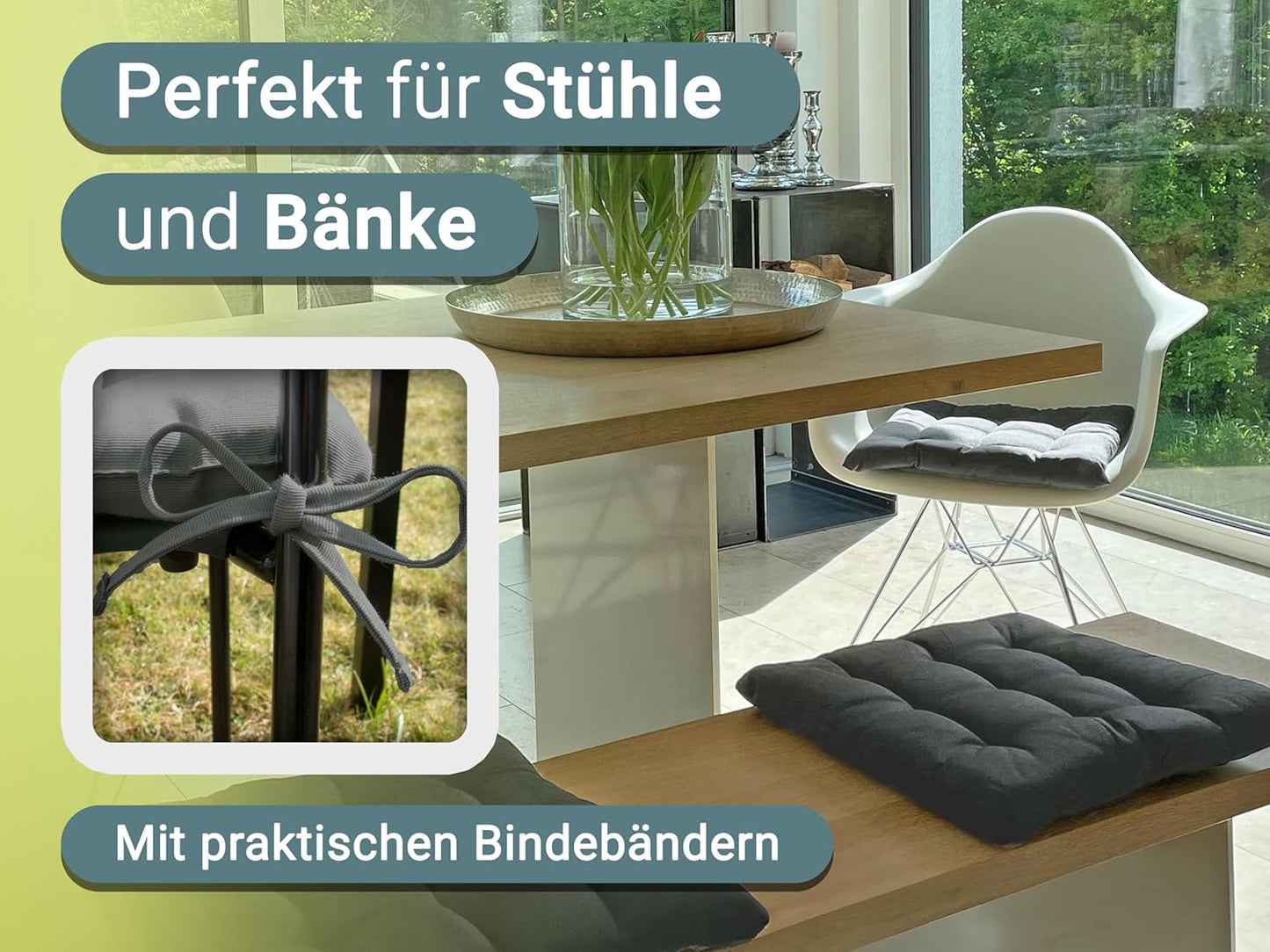 4er-Set Stuhlkissen mit Bindebändern, 4 Stück (1er Pack) Graphit