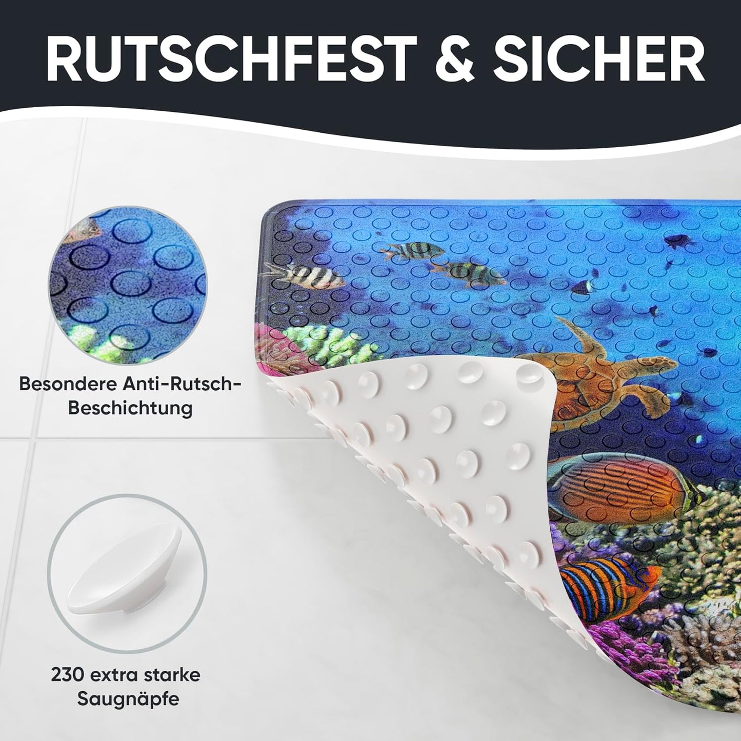 Rutschfeste Badematte 53x53 cm, maschinenwaschbar, Ocean
